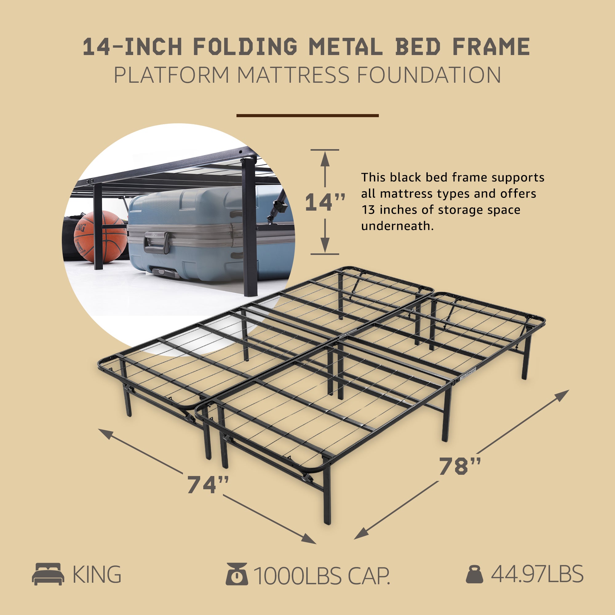 Hercules Folding Metal Bed Frame, 14 Inch Platform Mattress Foundation, King