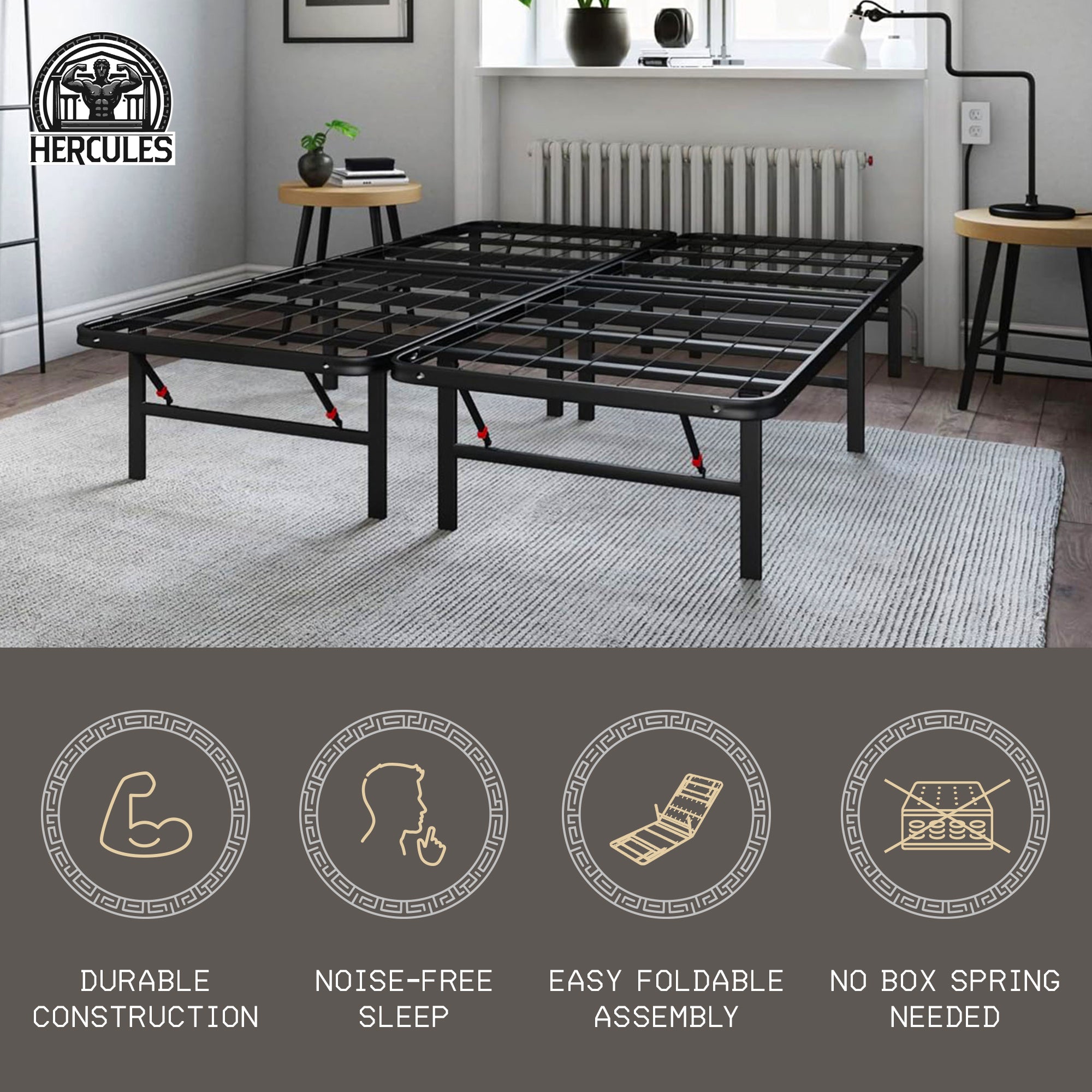 Hercules Folding Metal Bed Frame, 14 Inch Platform Mattress Foundation, King
