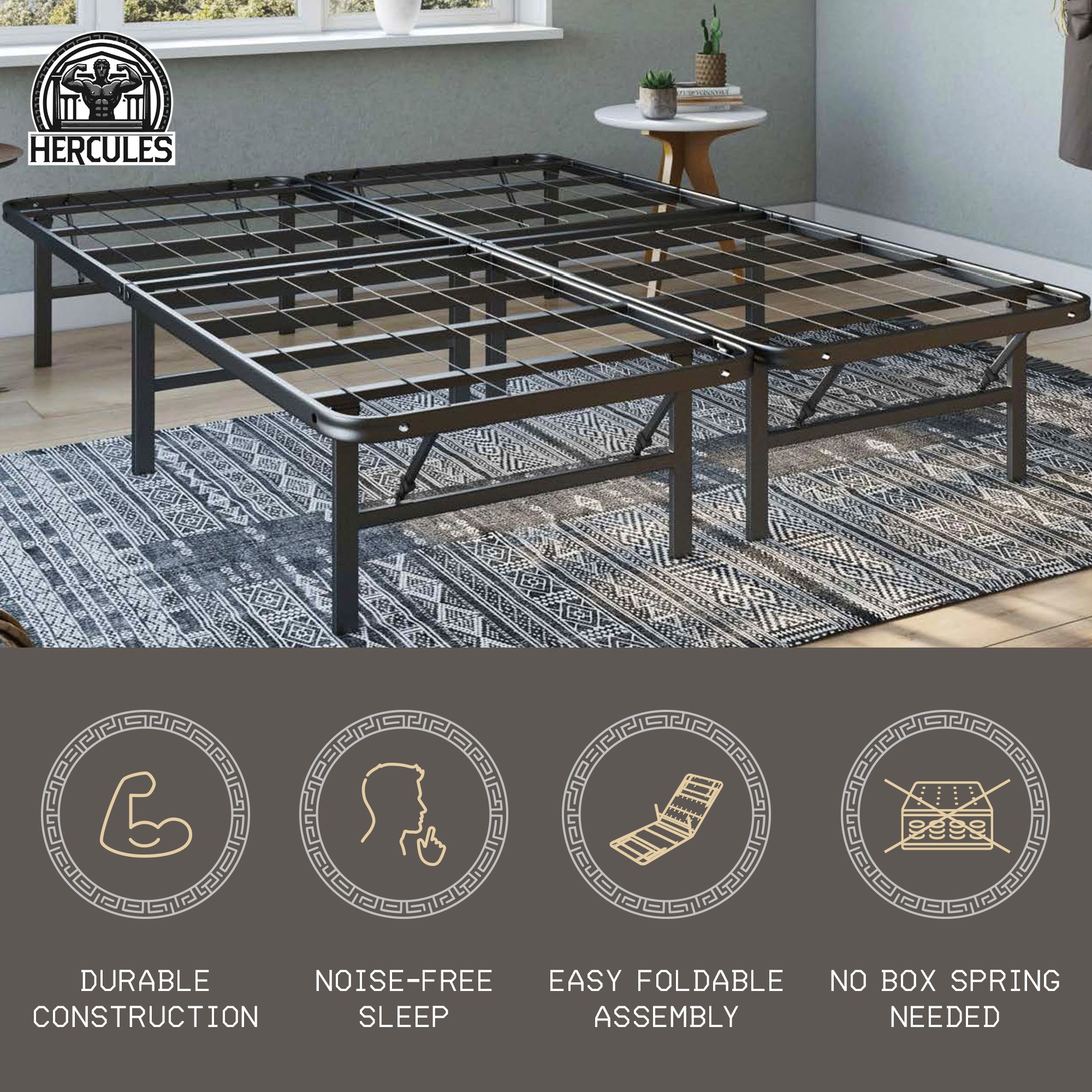 Hercules Folding Metal Bed Frame, 14 Inch Mattress Foundation, Queen (Open Box)