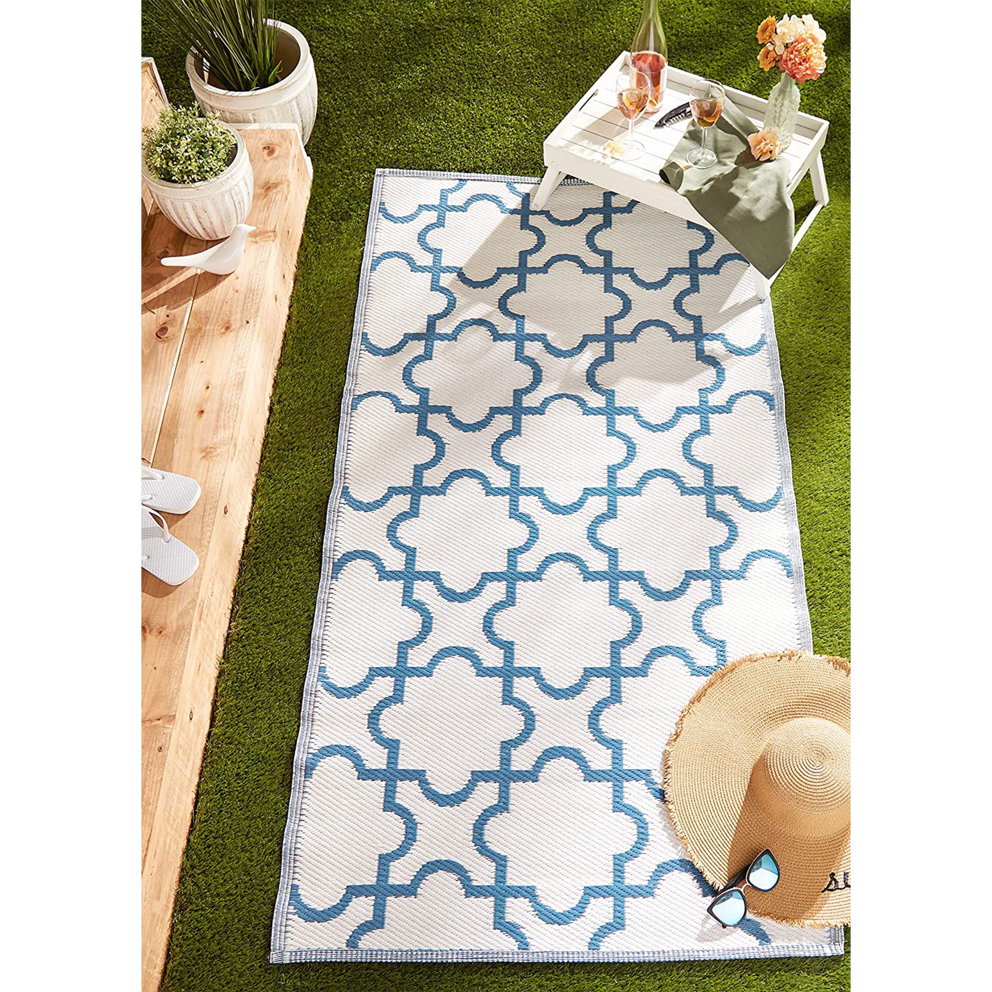 DII Design Imports Indoor Outdoor 3 x 6 Foot Reversible Lattice Woven Rug, Blue