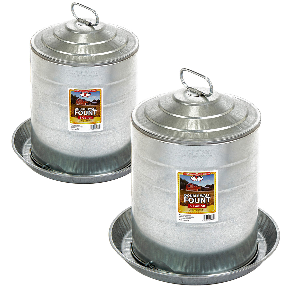 Miller Manufacturing 5 Gal Double Wall Metal Poultry Automatic Waterer, (2 Pack)