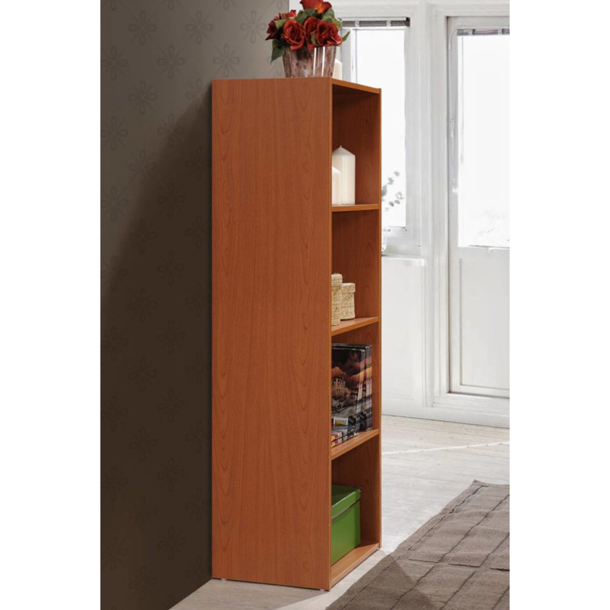 Hodedah Import 12x16x47In 4 Shelf Bookcase Organizer, Cherry Wood(Open Box)