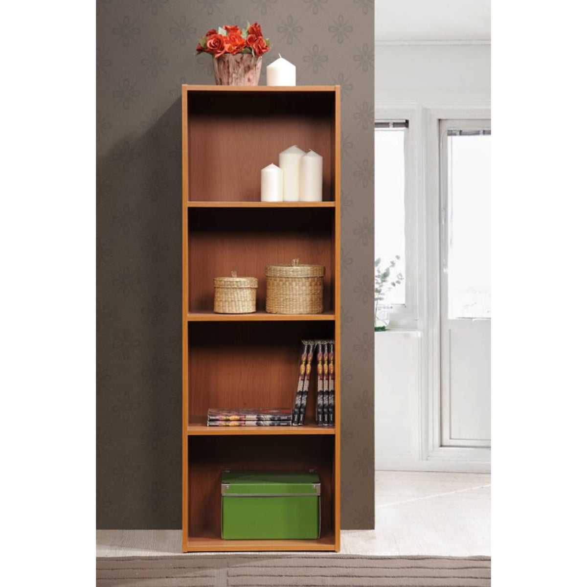 Hodedah Import 12x16x47In 4 Shelf Bookcase Organizer, Cherry Wood Finish (Used)