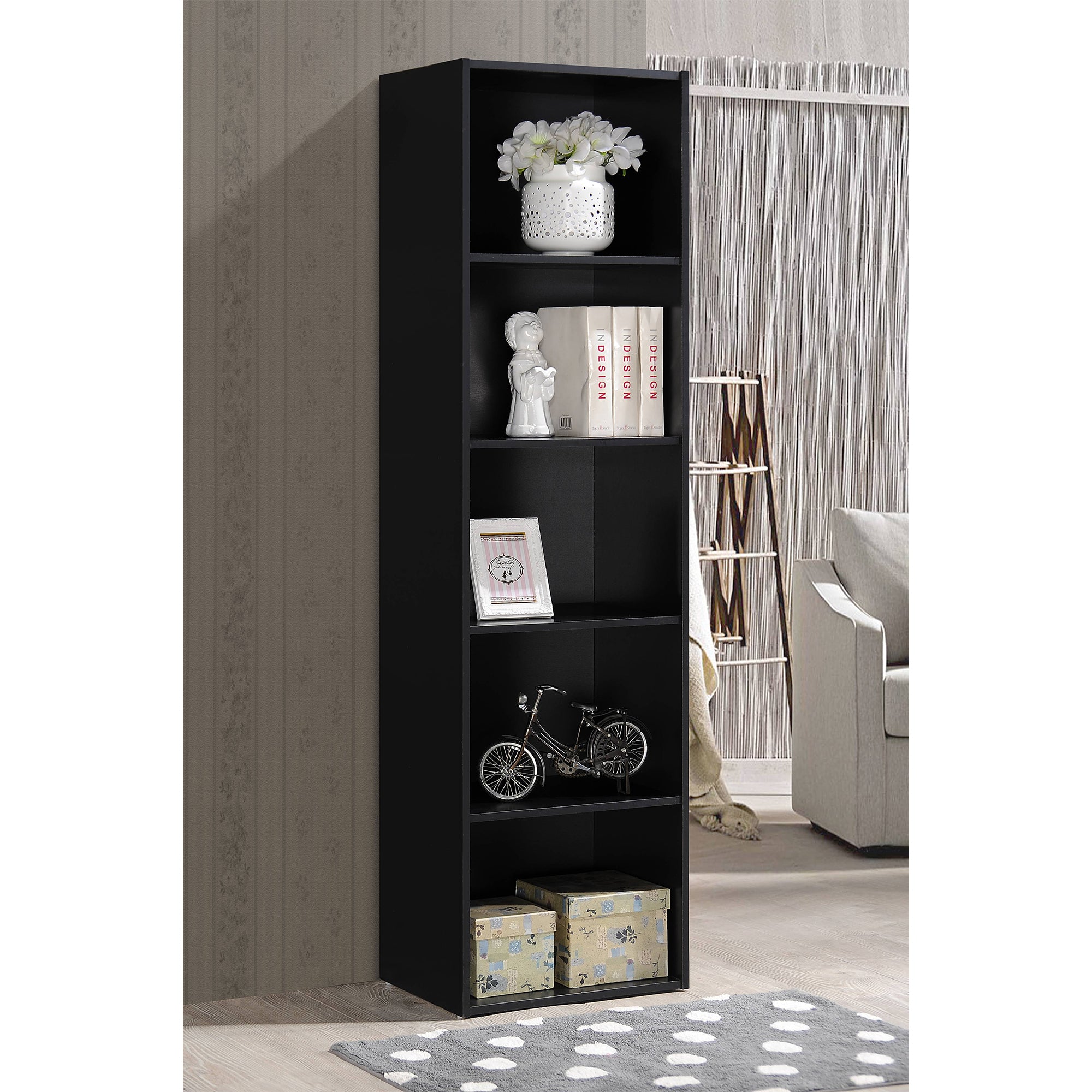 Import 12 x 16 x 60 In 5 Shelf Bookcase Organizer, Black Wood Finish(For Parts) - VMInnovations