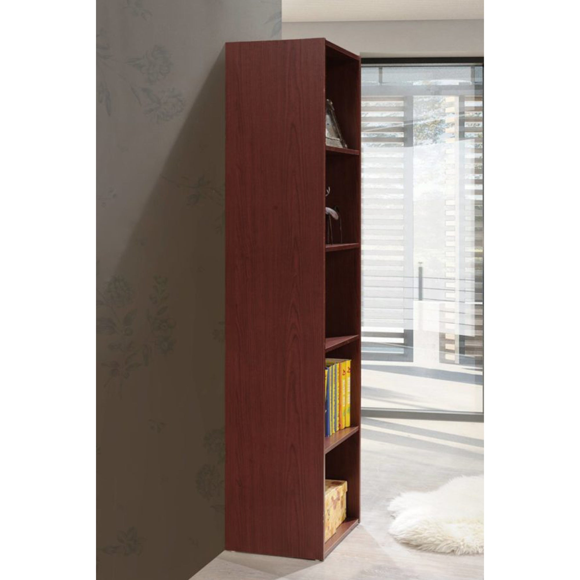 12 x 16 x 60 In 5 Shelf Bookcase Organizer, Mahogany Wood Finish (Open Box) - VMInnovations