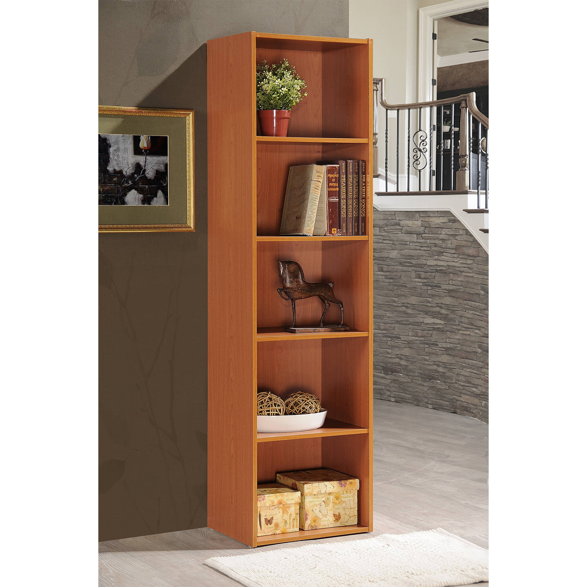 12 x 16 x 60 Inch 5 Shelf Bookcase Organizer, Cherry Wood Finish (Open Box) - VMInnovations