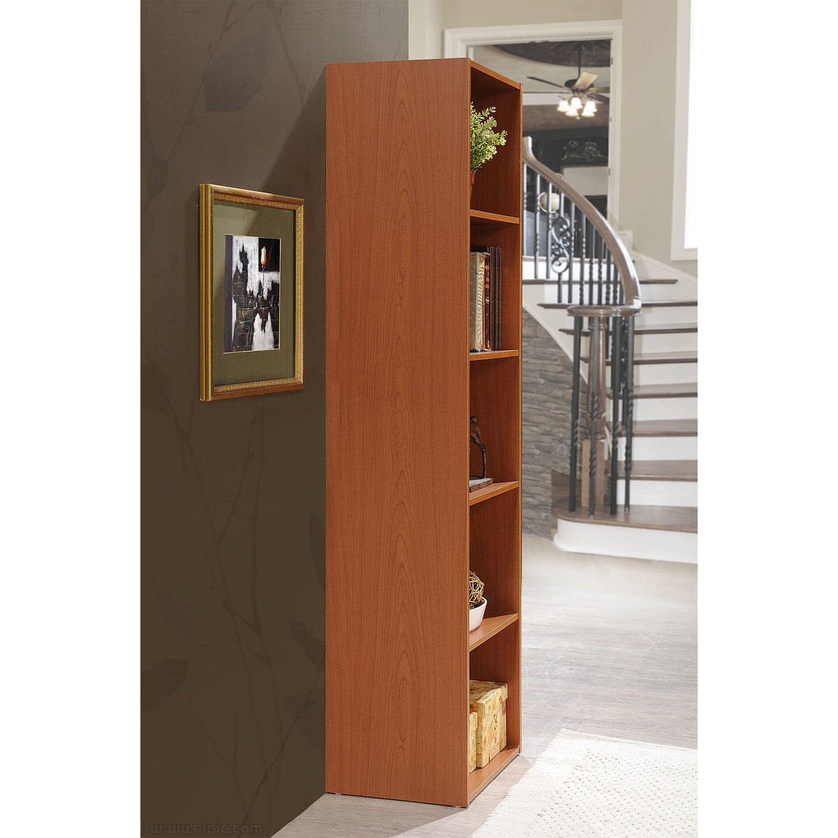 12 x 16 x 60 Inch 5 Shelf Bookcase Organizer, Cherry Wood Finish (Open Box) - VMInnovations