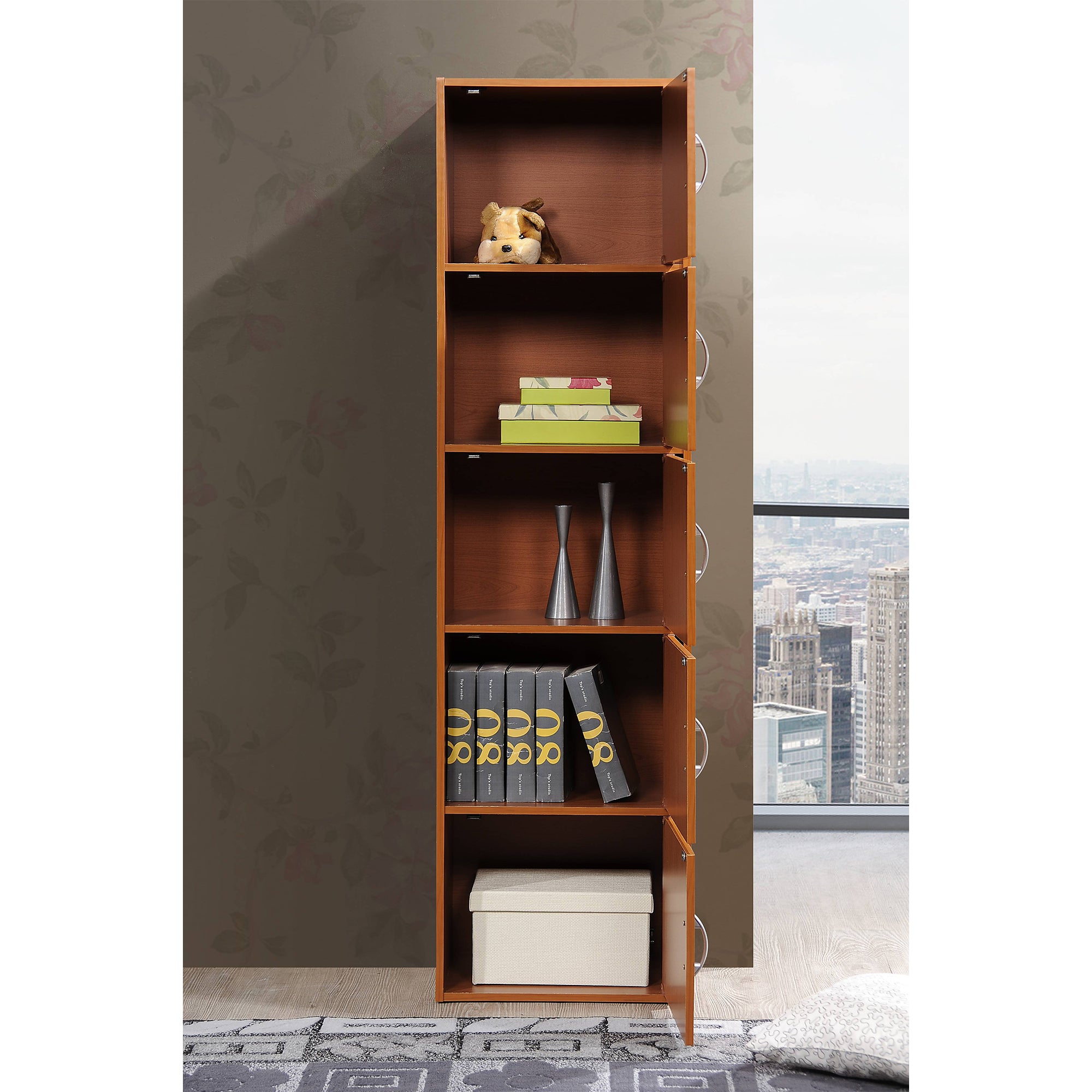 Hodedah 5 Shelf Home and Office Enclosed Organization Cabinet, Cherry (Used)