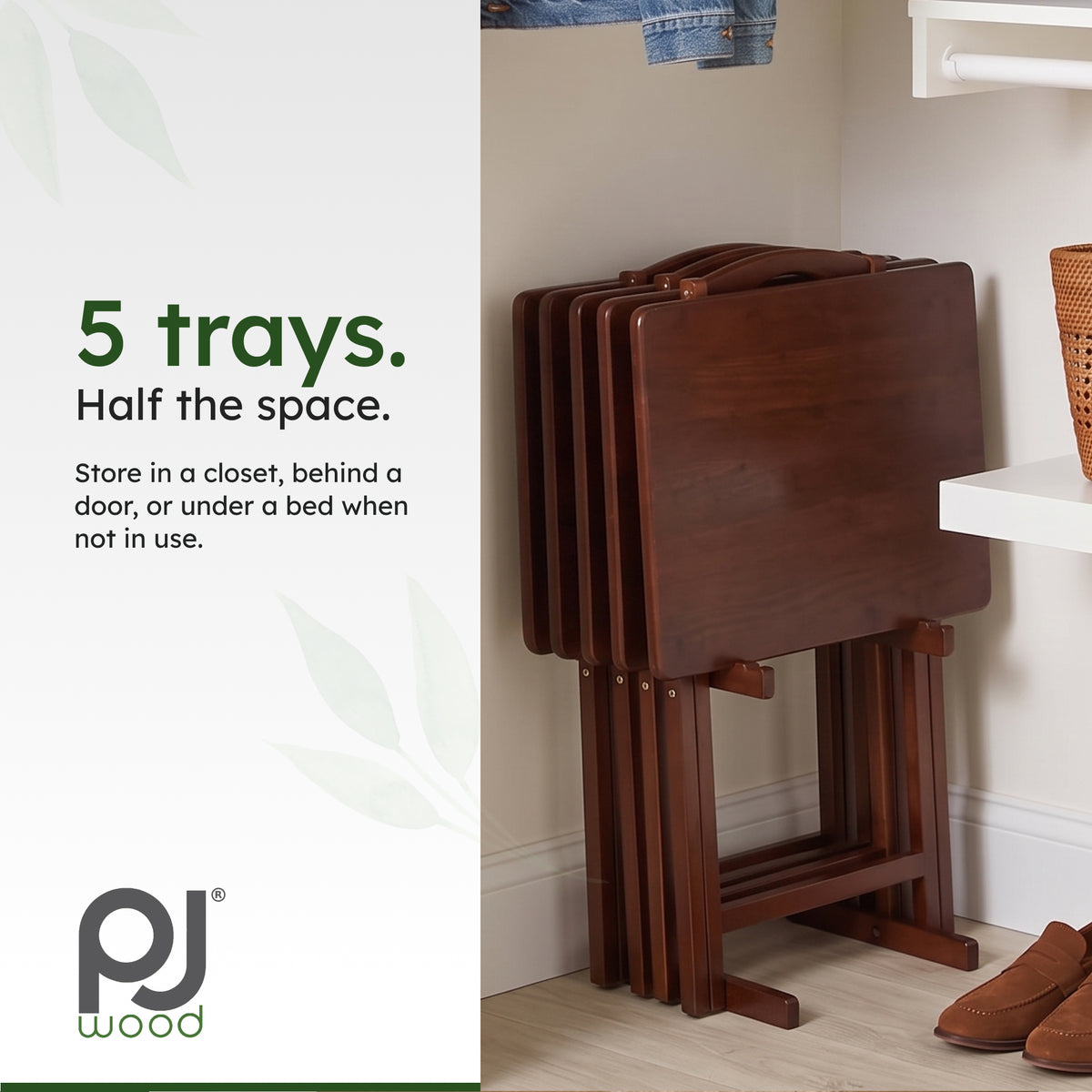 PJ Wood Folding TV Tray Tables with Compact Storage Rack, Honey Oak, 5 Piece Set