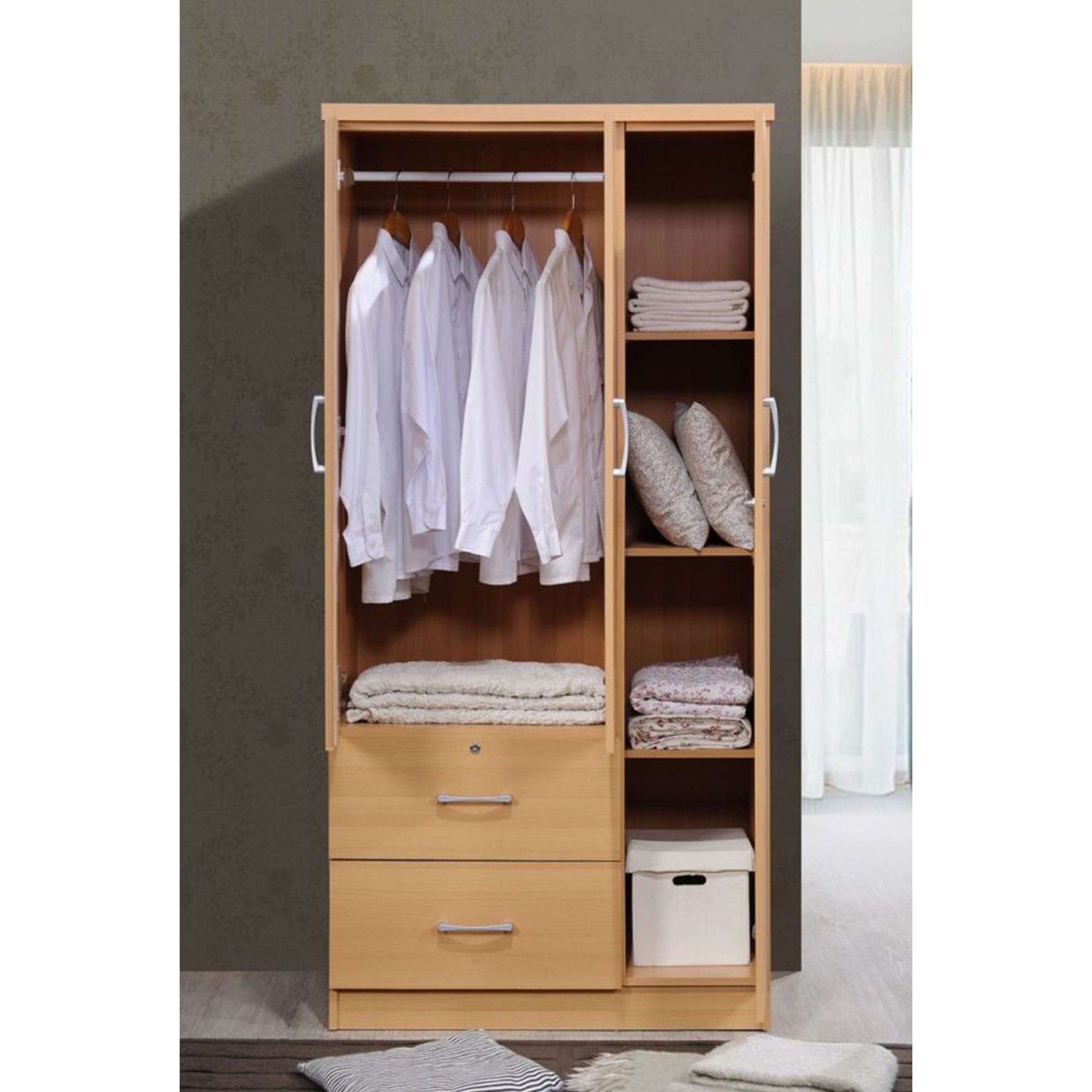 Hodedah Import 3 Door Armoire with Clothing Rod, Shelves & 2 Drawers (For Parts) - VMInnovations
