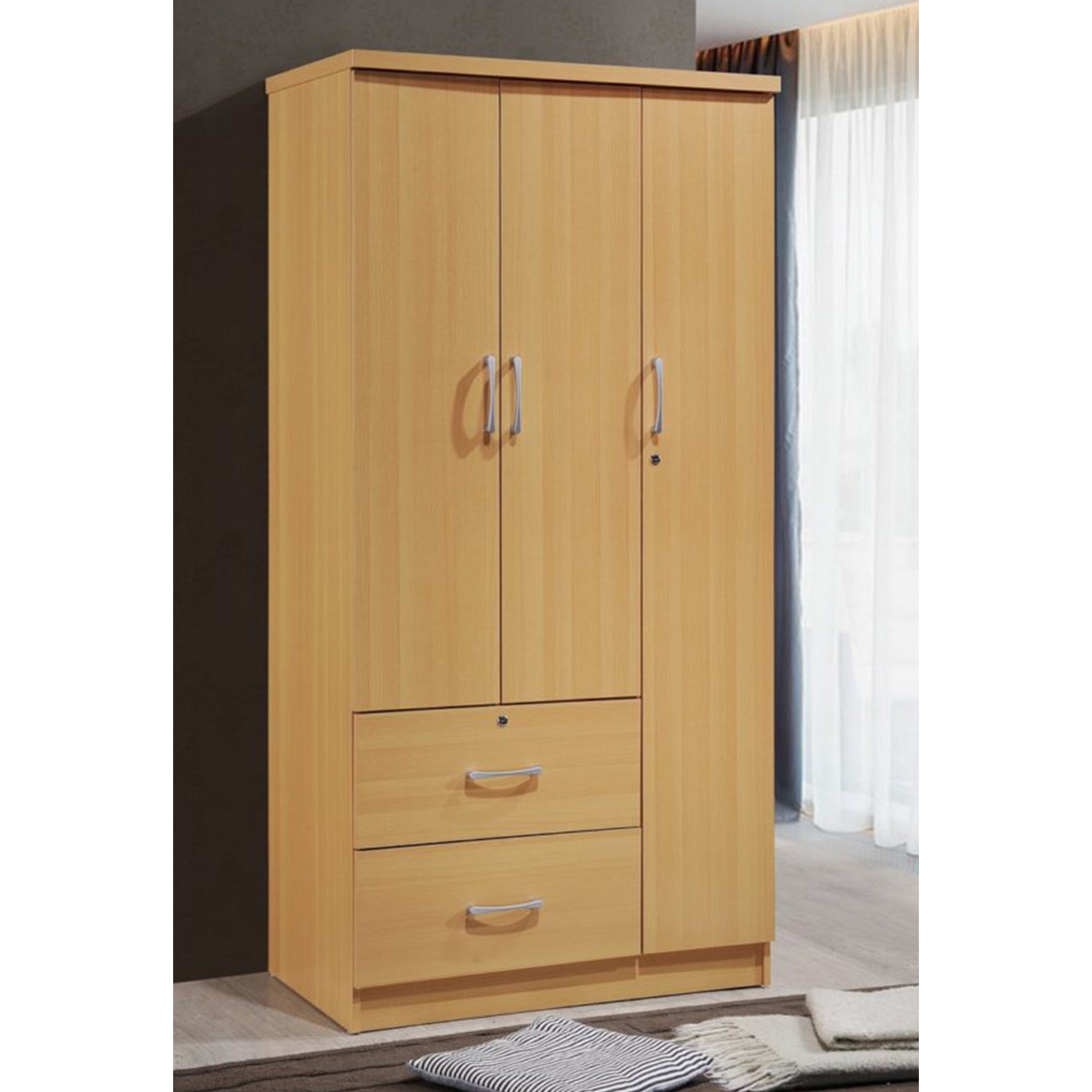 Hodedah Import 3 Door Armoire with Clothing Rod, Shelves, and 2 Drawers, Beech (Used) - VMInnovations
