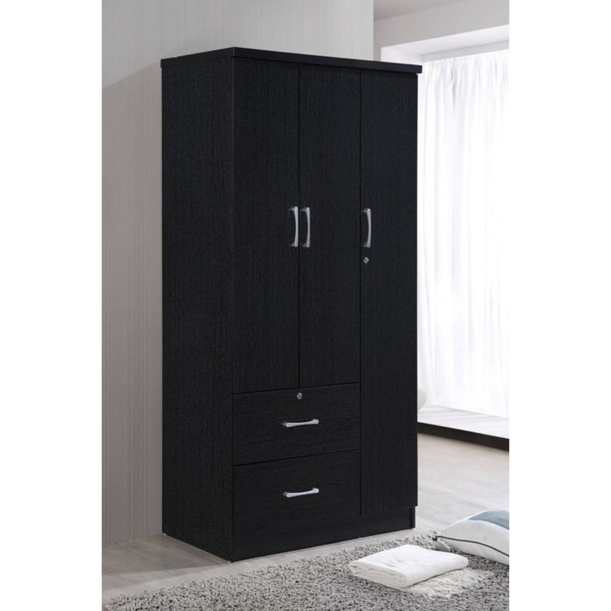 Hodedah Import 3 Door Armoire with Clothing Rod, Shelves, and 2 Drawers, Black (Open Box)