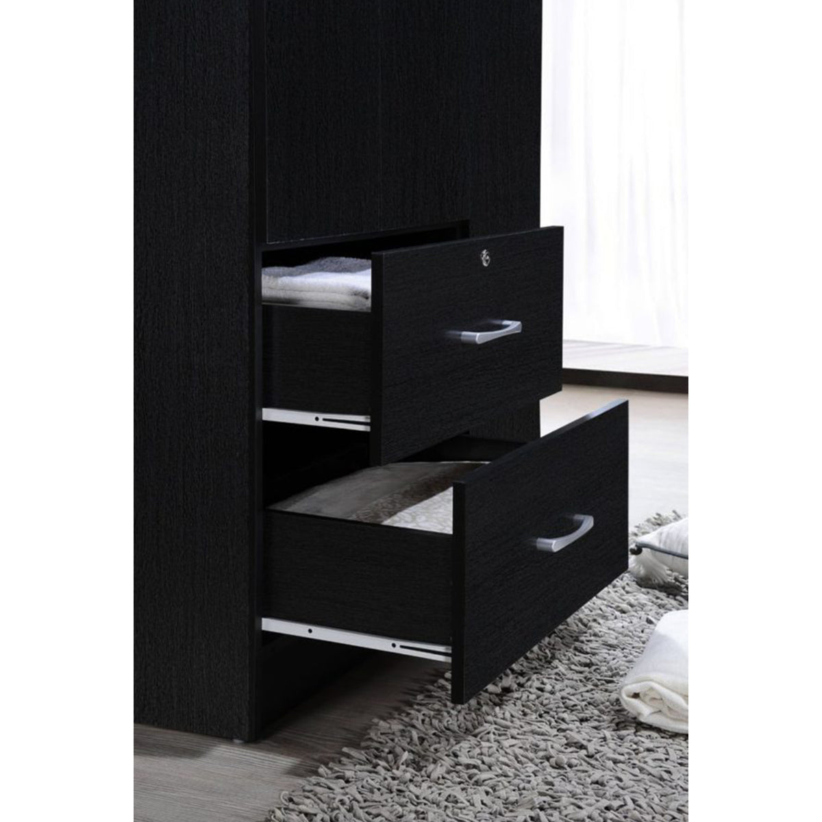 Hodedah Import 3 Door Armoire with Clothing Rod, Shelves, and 2 Drawers, Black (Open Box)