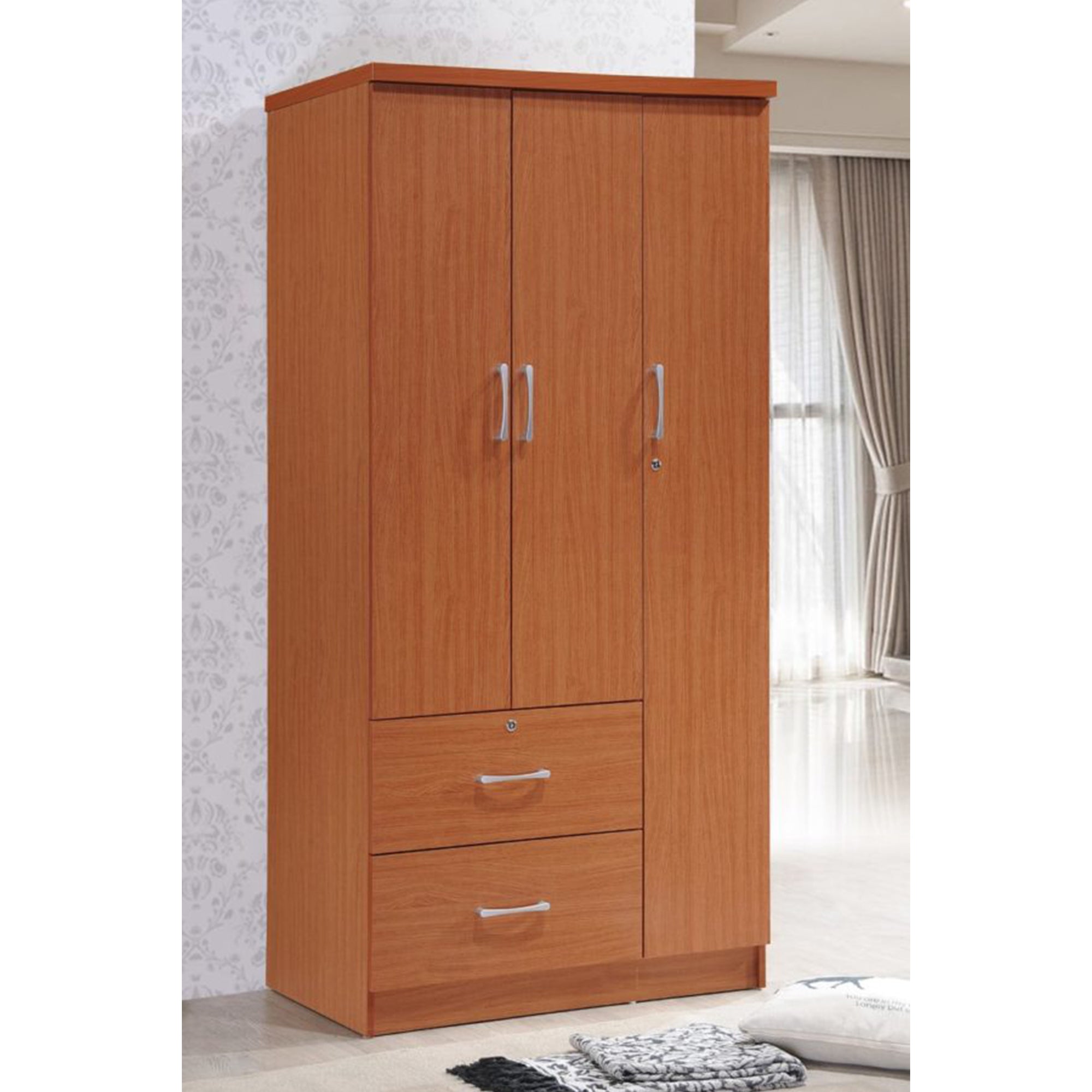 Hodedah Import 3 Door Armoire with Clothing Rod, Shelves, and 2 Drawers, Cherry (Open Box)
