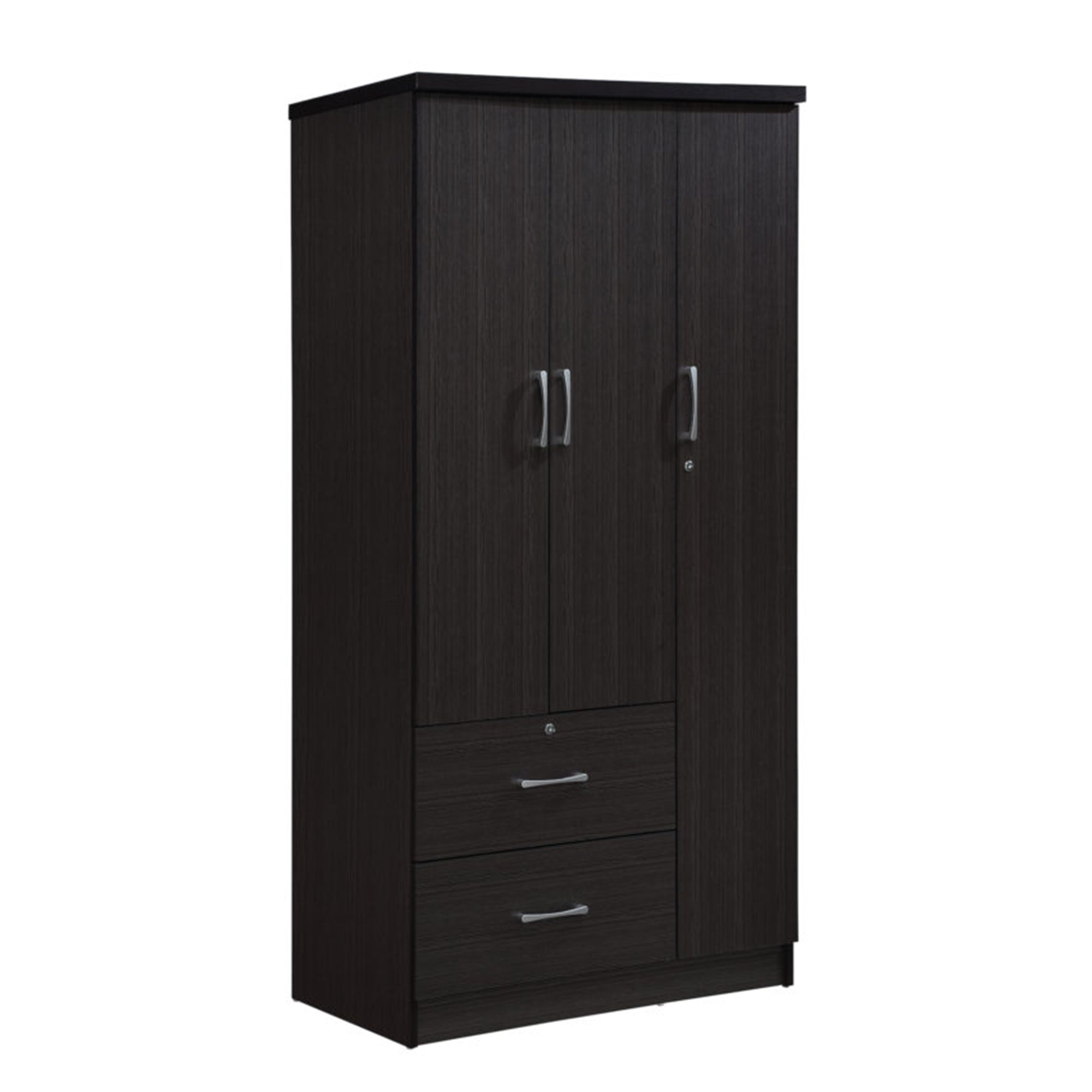 Hodedah Import 3 Door Armoire with Clothing Rod, Shelves, & 2 Drawers, Chocolate