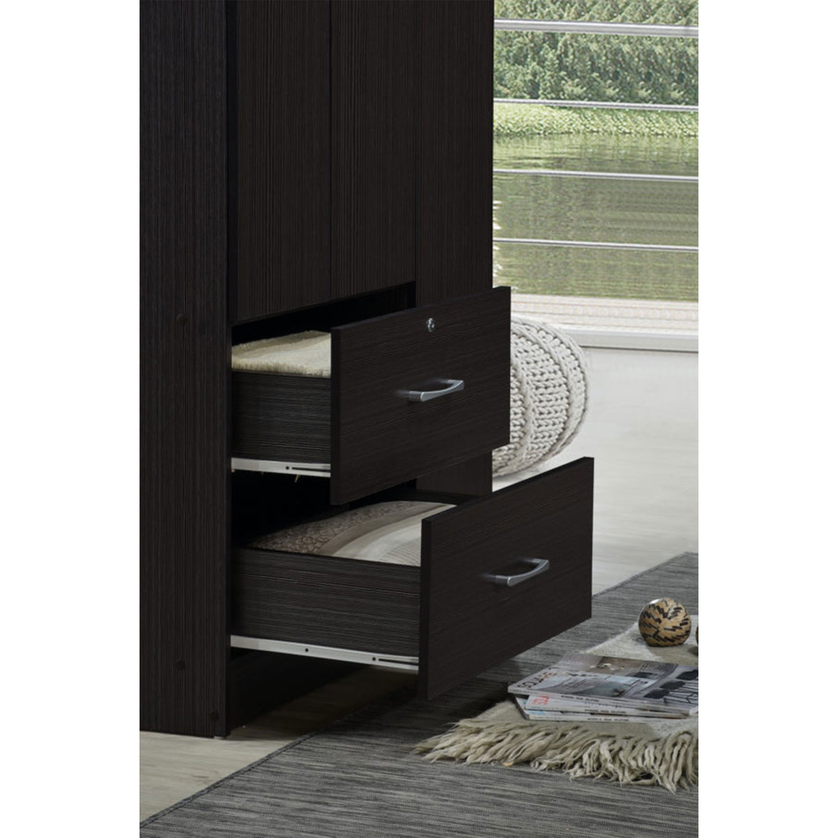 Hodedah Import 3 Door Armoire with Clothing Rod, Shelves, & 2 Drawers, Chocolate