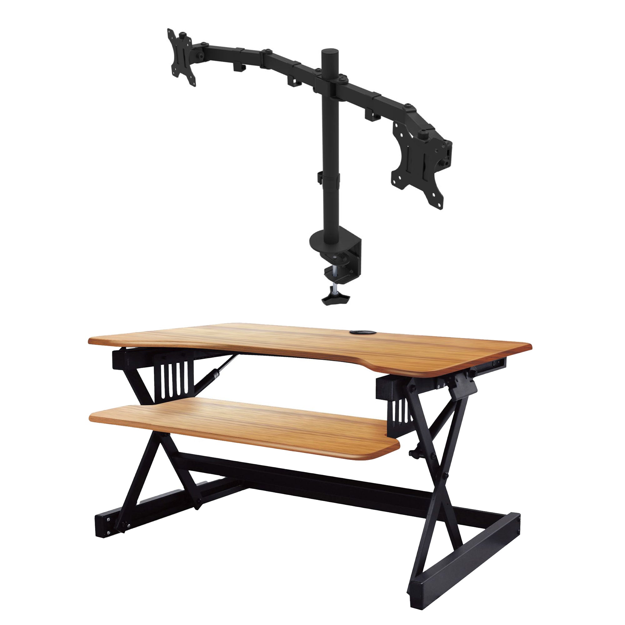 Rocelco Adjustable Standing Desk Converter, Teak & Adjustable Dual Monitor Stand