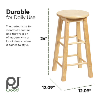 PJ Wood Classic Round-Seat 24" Tall Kitchen Counter Stools, Natural, Set of 2