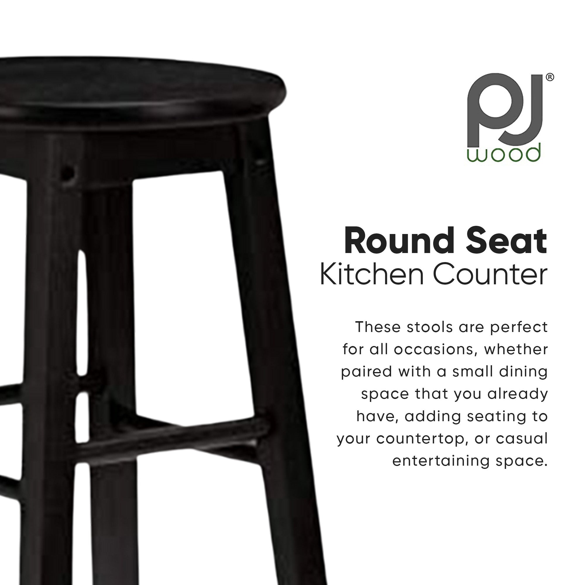 PJ Wood Classic Round-Seat 24' Kitchen & Counter Stools, Blk, Set of 2(Open Box) - VMInnovations