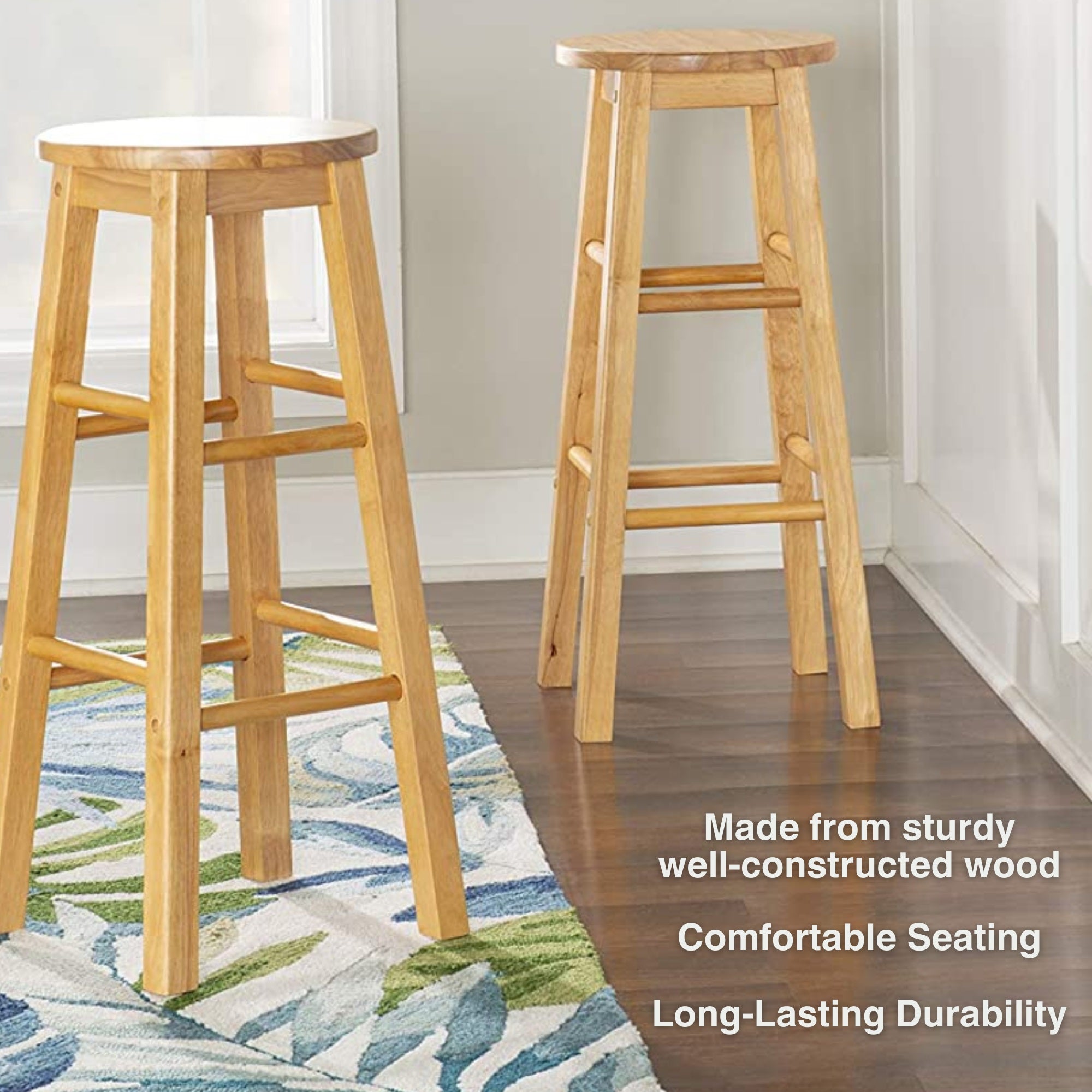 Classic Round-Seat 29 Inch Tall Kitchen Bar Stools, Natural, Set of 2 (Open Box) - VMInnovations
