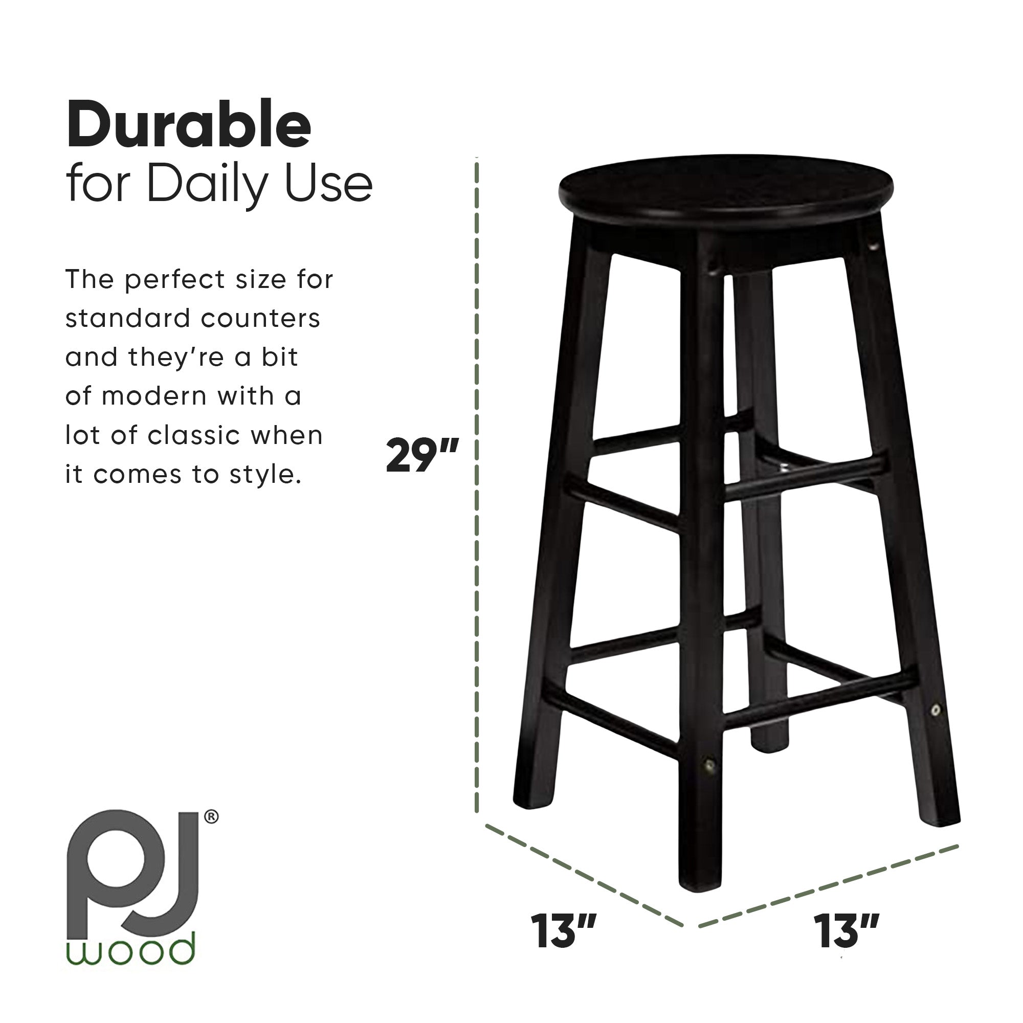 PJ Wood Classic Round-Seat 29 Inch Tall Kitchen Counter Stools, Black, Set of 2