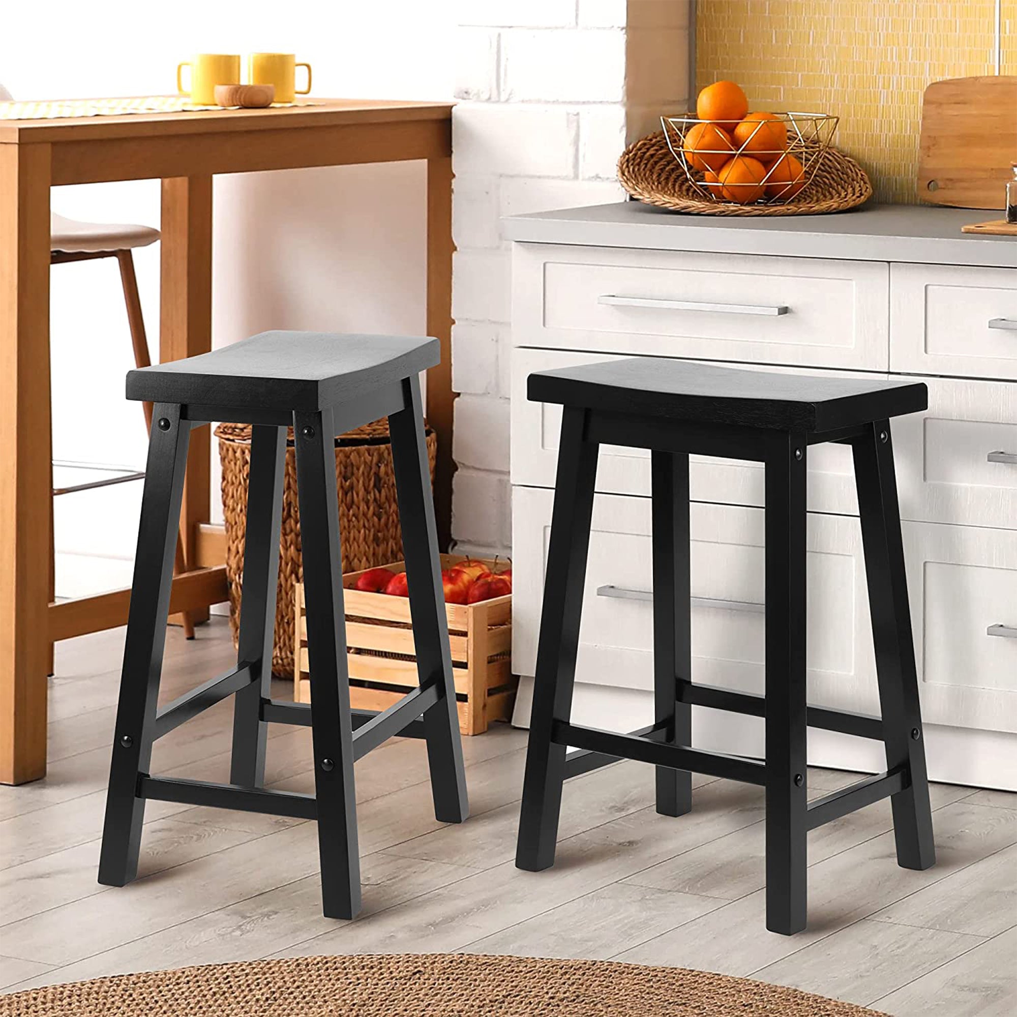 PJ Wood Saddle-Seat 24In Tall Kitchen Counter Stools, Black, Set of 2 (Open Box) - VMInnovations