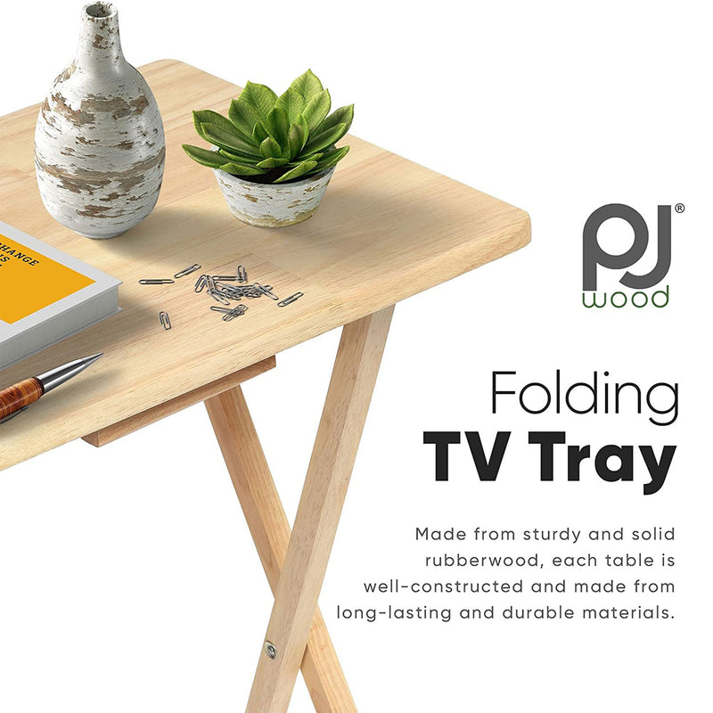 PJ Wood Folding Portable TV Snack Tray Table with Natural Finish, 2 Piece Set