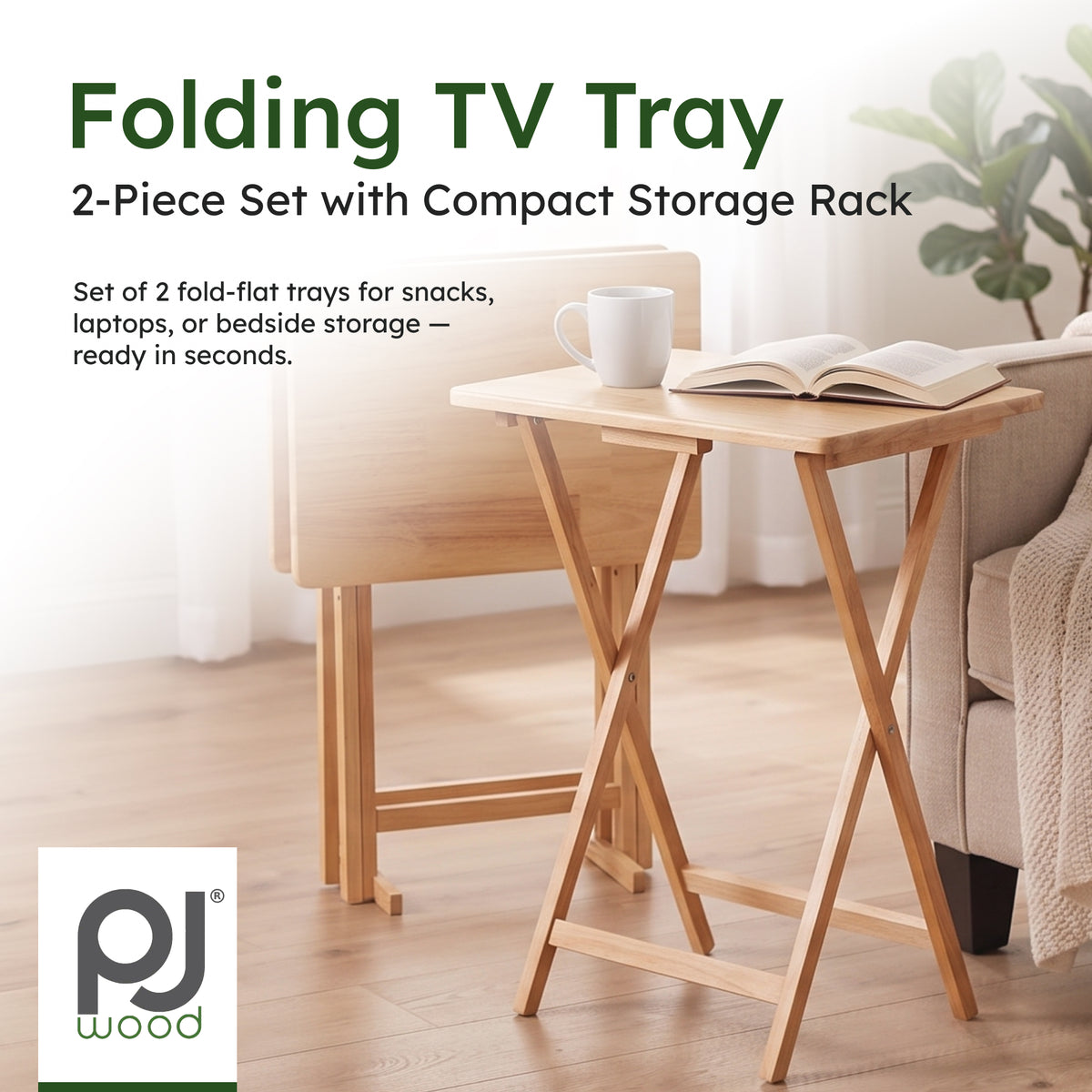 PJ Wood Folding TV Tray Tables, Natural, 2 Piece Set (Used) - VMInnovations