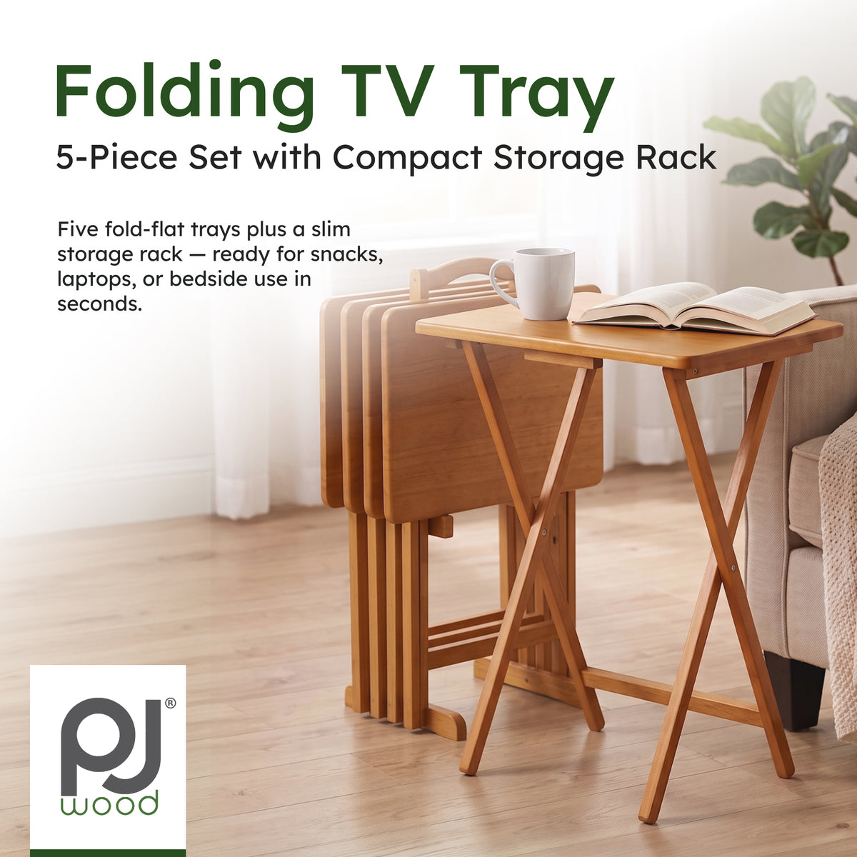 PJ Wood Folding TV Tray Tables with Compact Storage Rack 5 Piece Furniture Set
