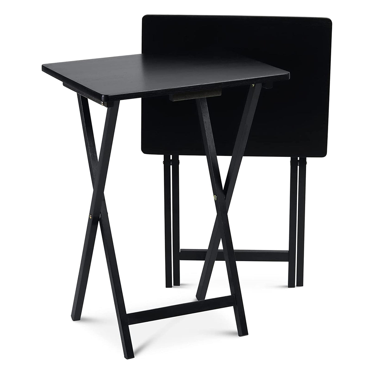 PJ Wood Folding TV Tray Tables with Compact Storage Rack, Black, 2pc (Damaged) - VMInnovations