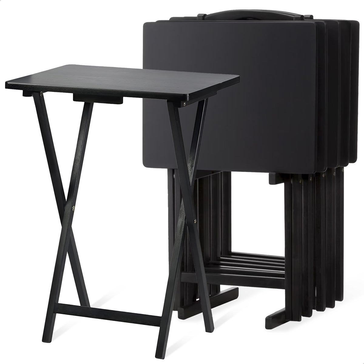 PJ Wood Folding TV Tray Tables w/Compact Rack, Black, 5 Pc Set (For Parts)