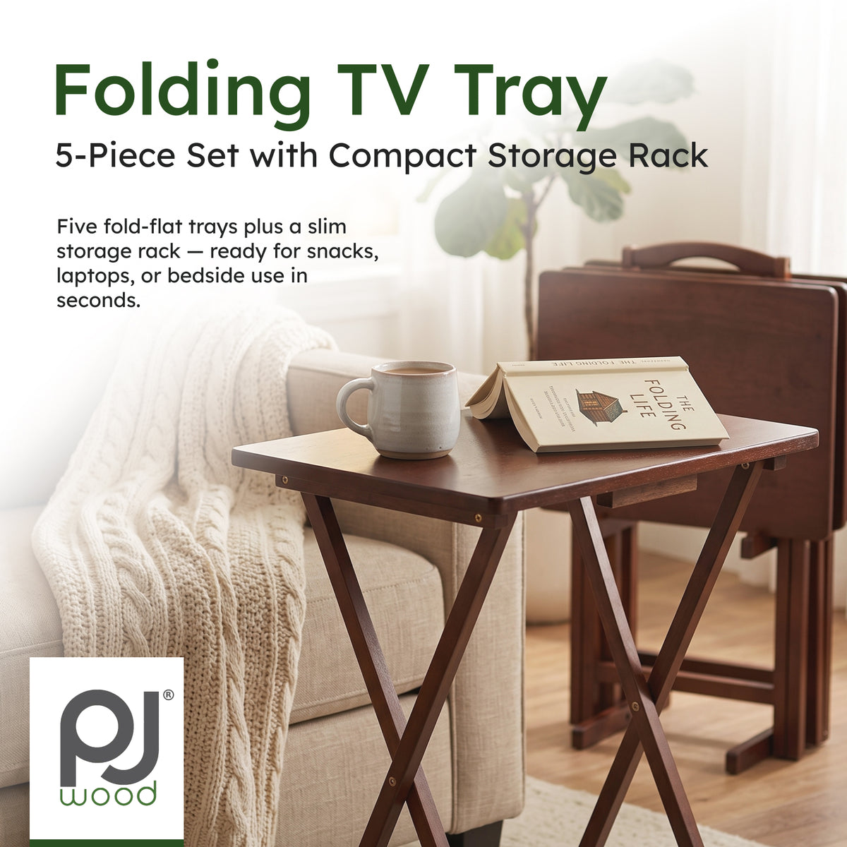 PJ Wood Folding TV Tray Tables with Compact Storage Rack, Walnut, 5 Piece Set