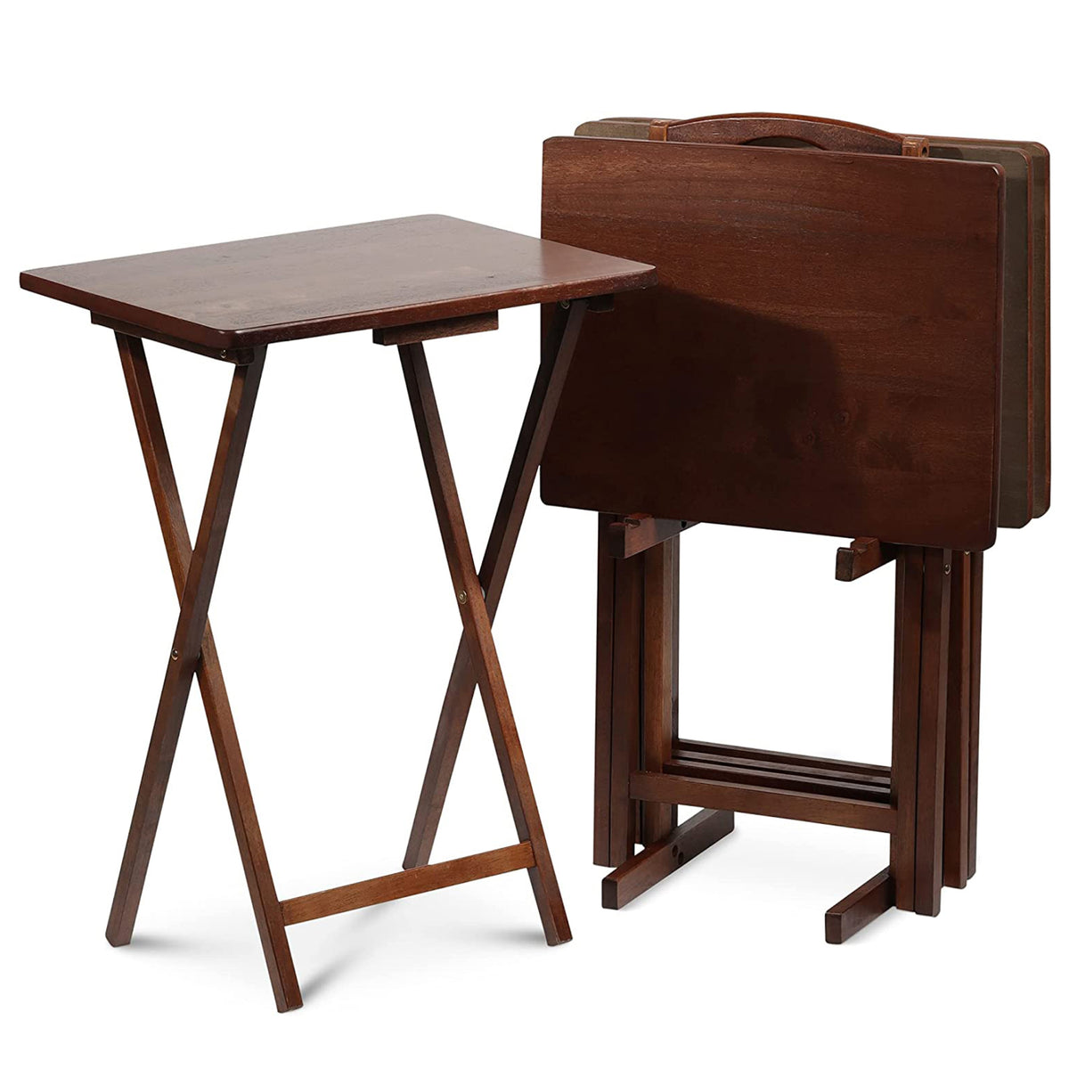PJ Wood Folding TV Tray Tables with Compact Storage Rack, Walnut, 5pc (Used) - VMInnovations