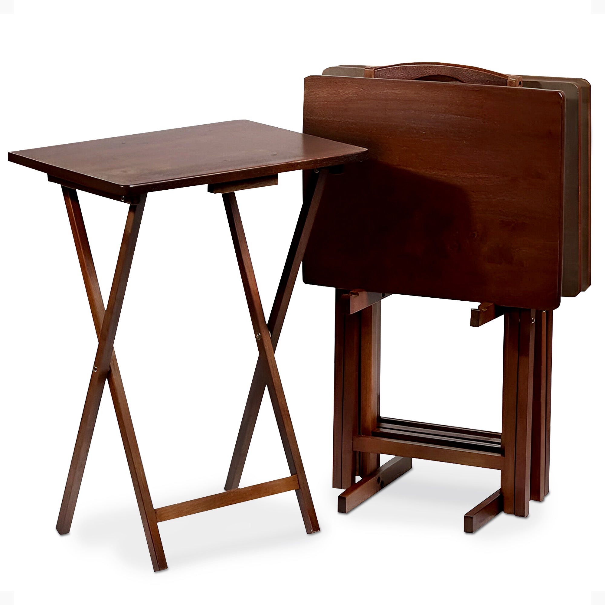 Folding TV Tray Tables with Compact Storage Rack, Walnut, 5 Piece Set (Open Box) - VMInnovations
