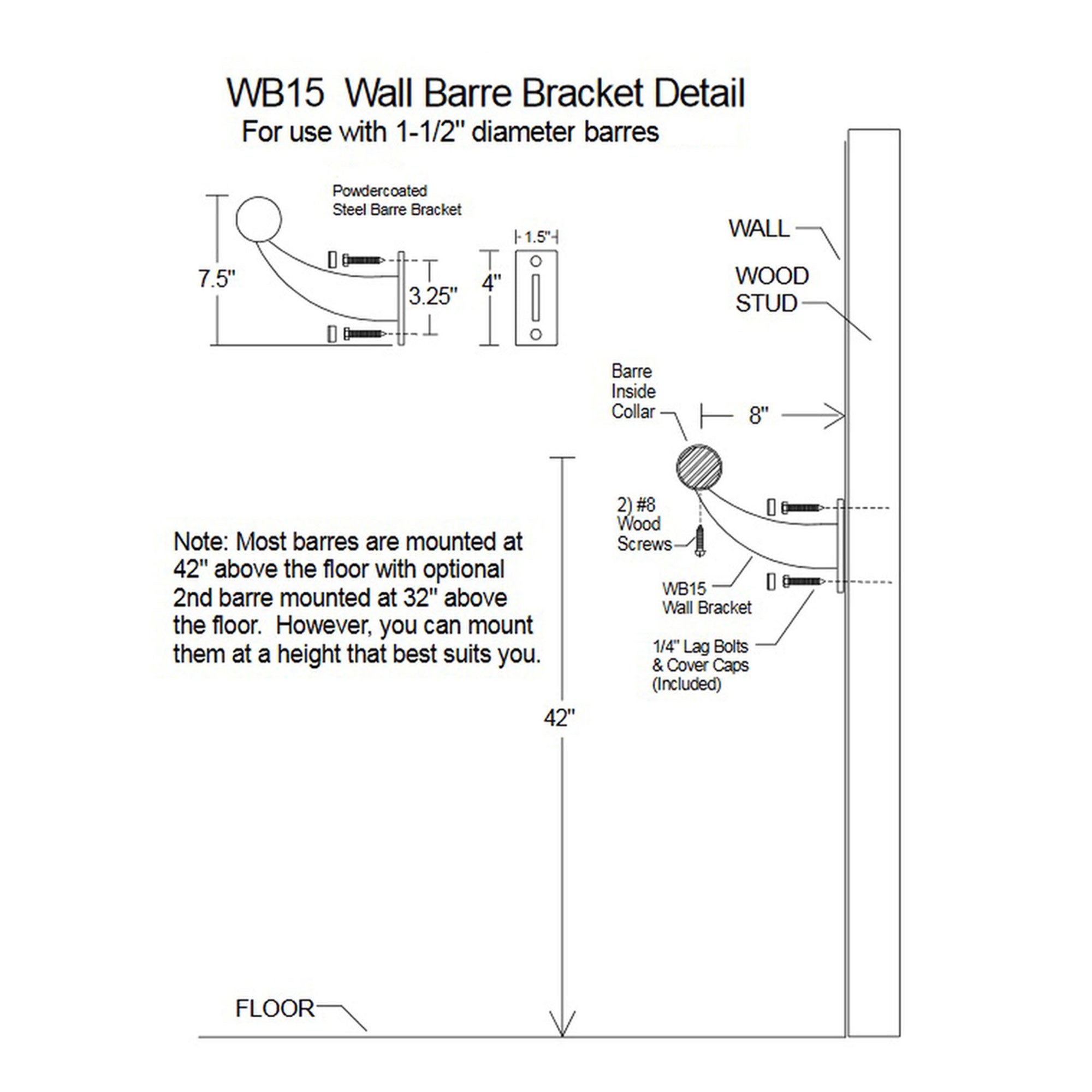 Vita Barre Classic WS48-W Single Bar Wall Mount Ballet Barre System, 4Ft(Used) - VMInnovations