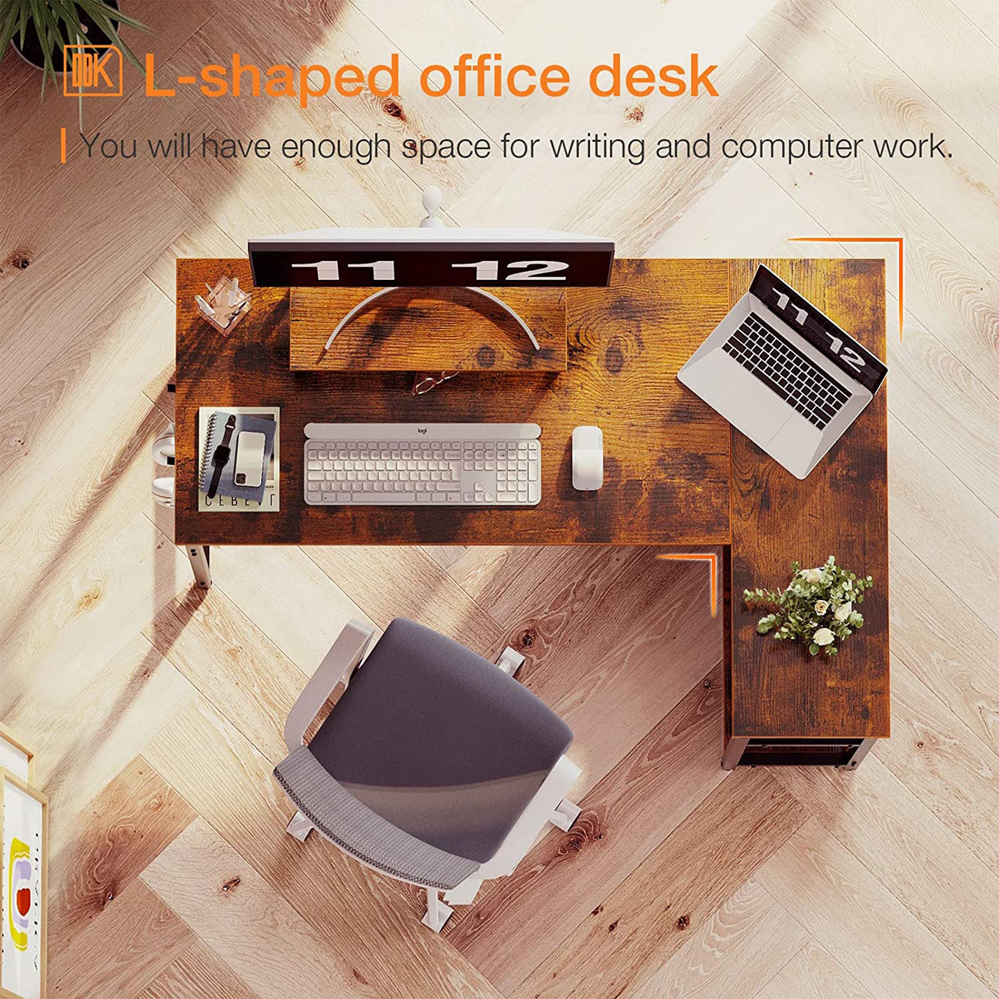 ODK 47 In Compact L Shaped Desk w/ Storage Shelves & Monitor Stand, Rustic Brown - VMInnovations