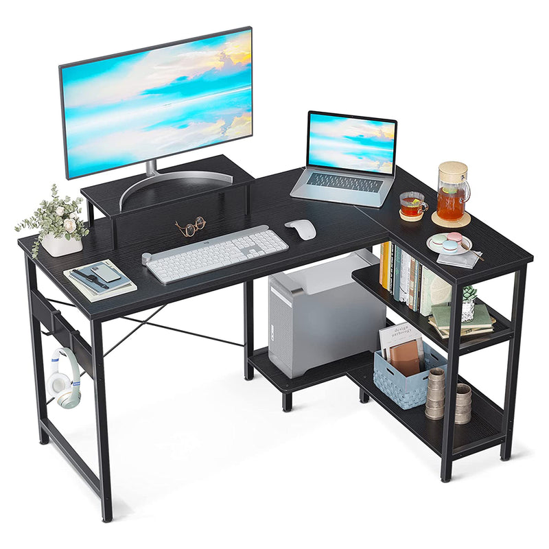 ODK 47 Inch Compact L Shaped Desk with Storage Shelves and Monitor Stand, Black