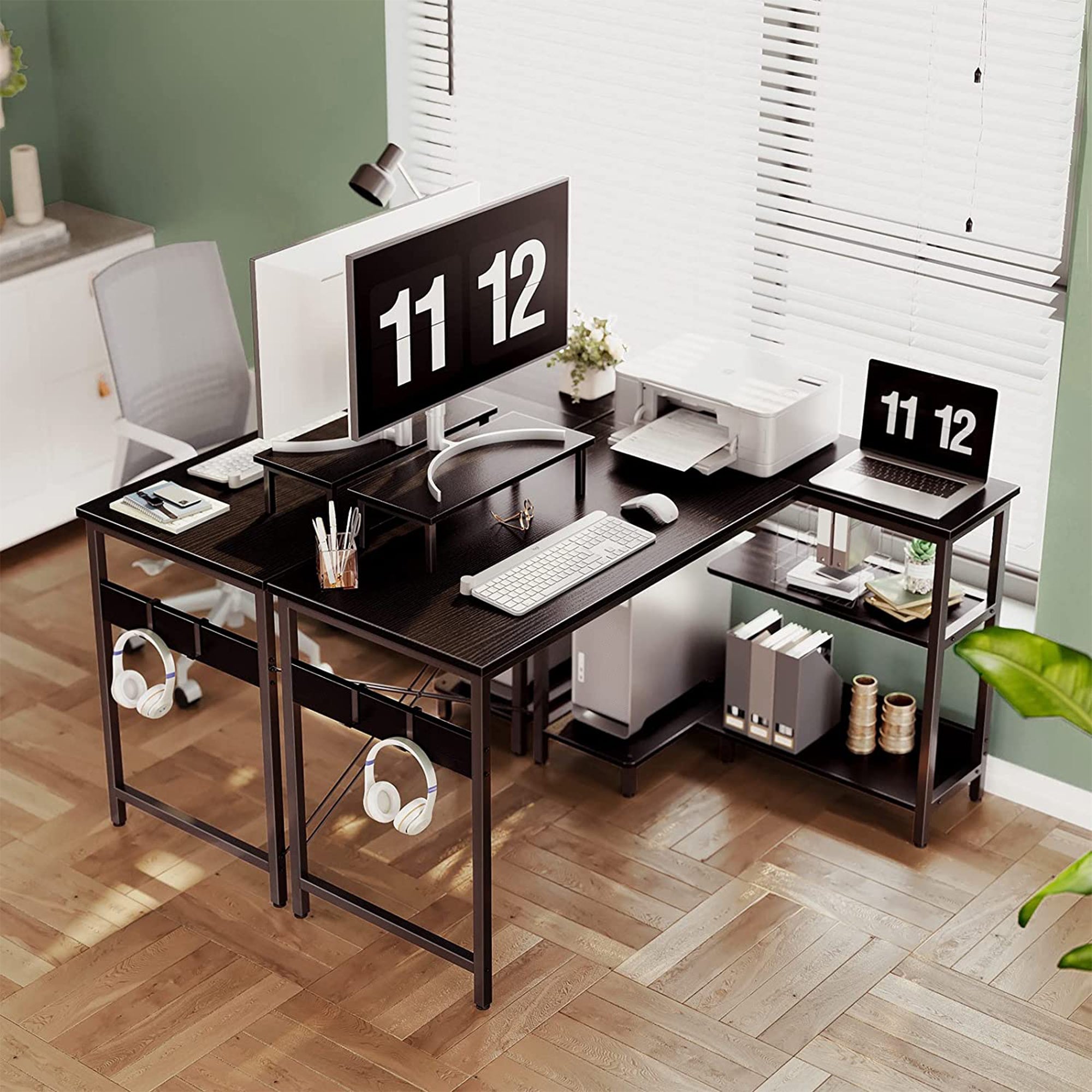 ODK 47In L Shaped Desk with Storage Shelves and Monitor Stand, Black (Used) - VMInnovations