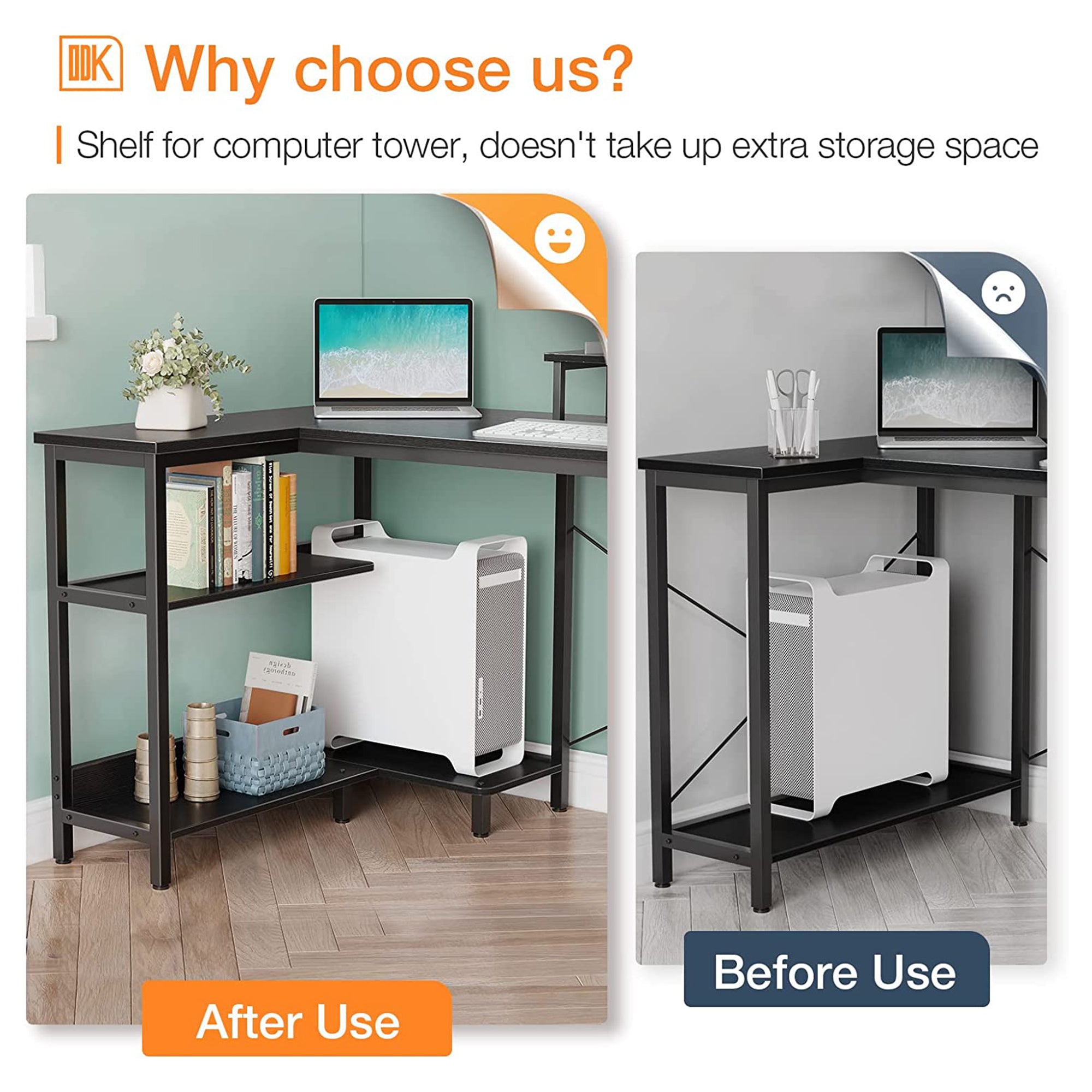 ODK 47In L Shaped Desk with Storage Shelves and Monitor Stand, Black (Used) - VMInnovations