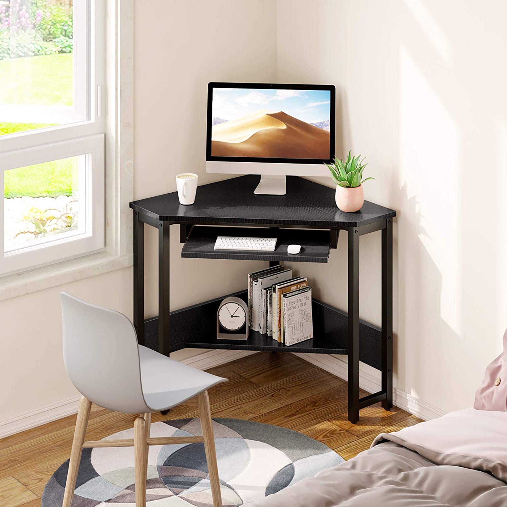 ODK Modern Triangle Corner Computer Writing Desk w/ Keyboard Tray, Black (Used) - VMInnovations