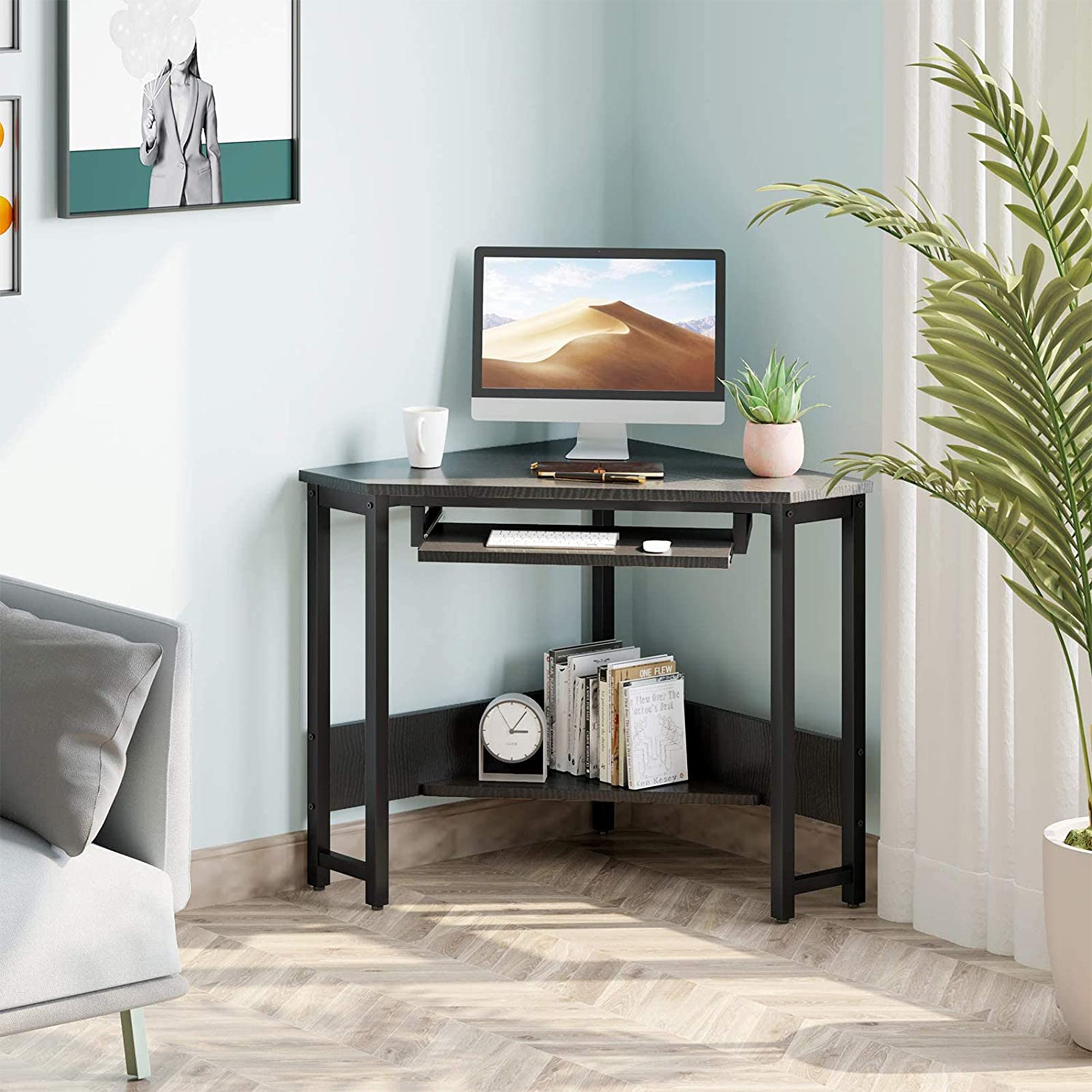 ODK Modern Triangle Corner Computer Writing Desk w/ Keyboard Tray, Black (Used) - VMInnovations