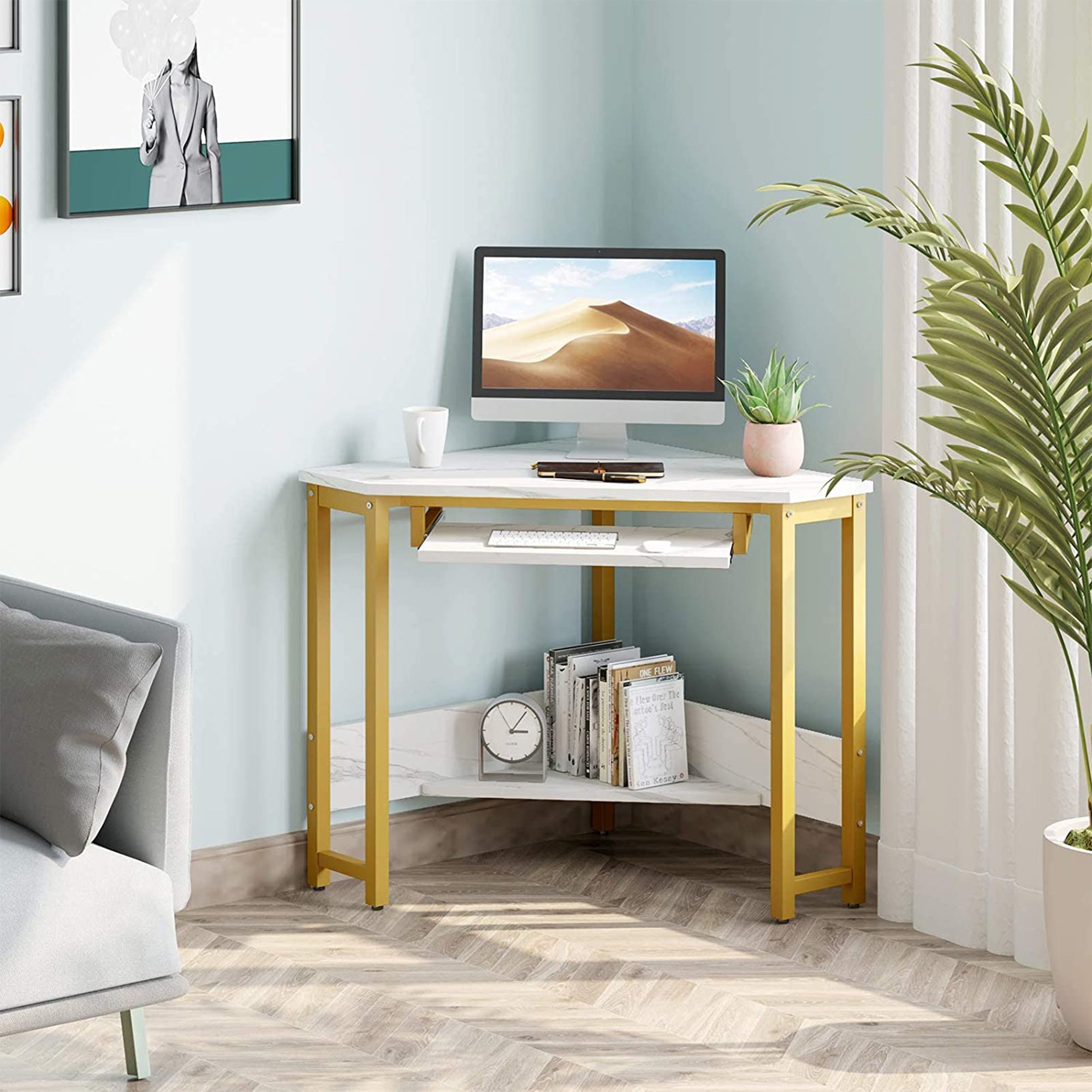 ODK Modern Corner Computer Desk w/Smooth Keyboard Tray, Gold Marble (Used) - VMInnovations