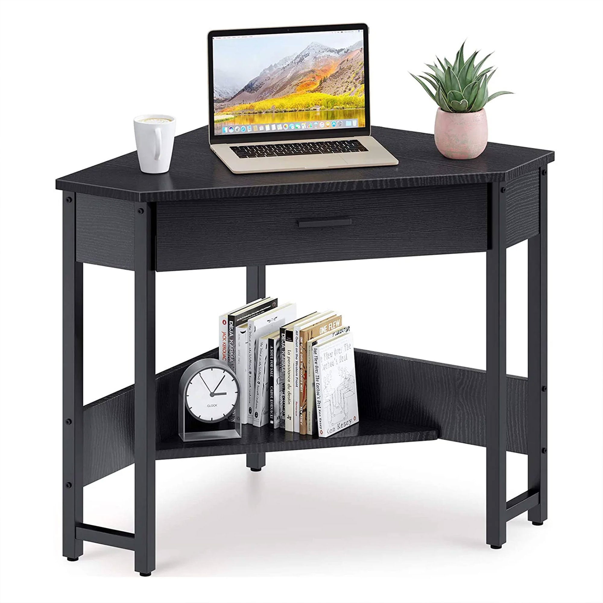 ODK Modern Triangle Corner Computer Writing Desk with Storage Drawer, Black - VMInnovations