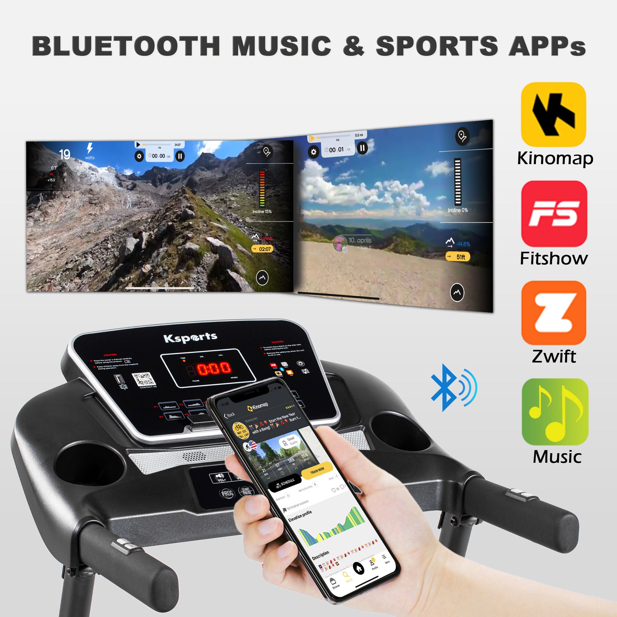 Ksports 16 Inch Wide Foldable Home Treadmill w/ Bluetooth & Fitness Tracking App - VMInnovations