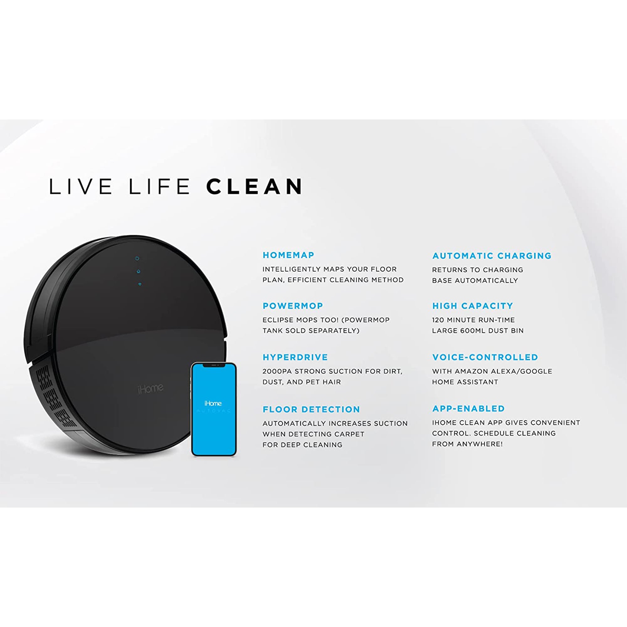 iHome iHRV1-BLK AutoVac Eclipse Robot and Self Charging Vacuum Cleaner, Black - VMInnovations