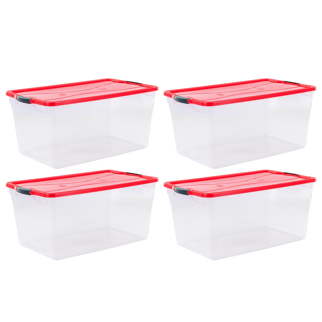 Rubbermaid Cleverstore 18 Gal Plastic Holiday Storage Tote, Clear & Red, 4 Pack - VMInnovations