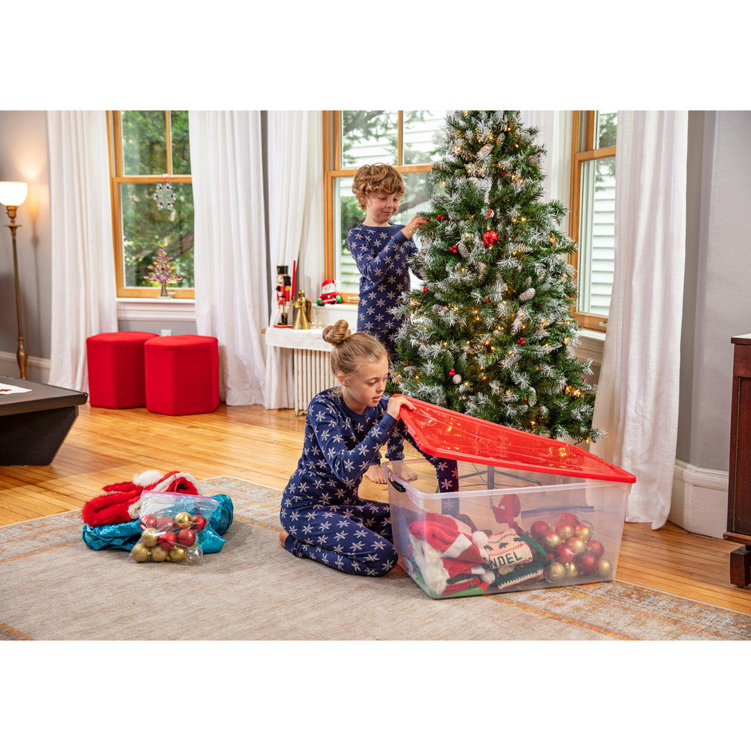 Rubbermaid Cleverstore 18 Gal Plastic Holiday Storage Tote, Clear & Red, 4 Pack - VMInnovations