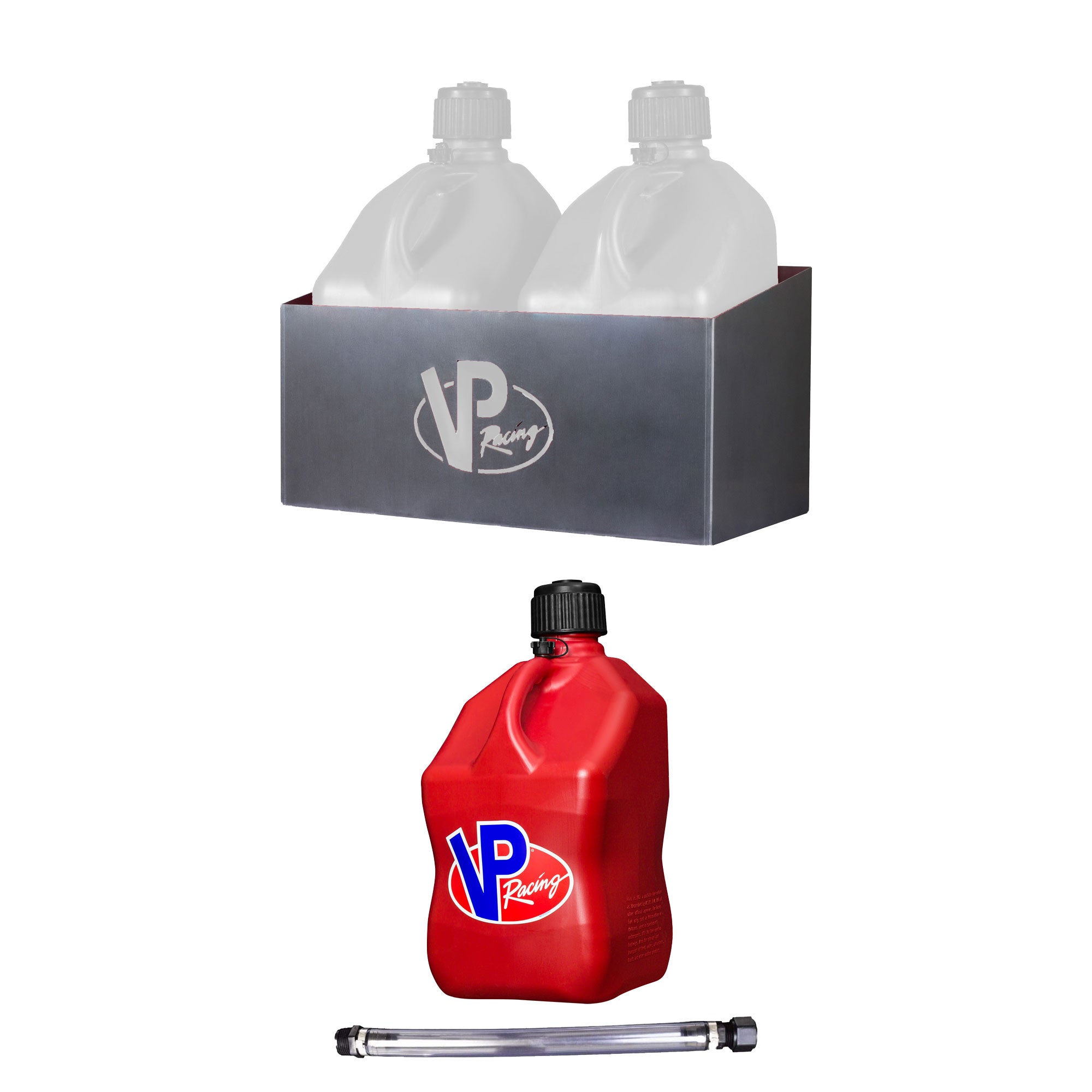 VP Racing Fuels Aluminum 2 Jug Storage Rack with 5.5 Gal Red Container and Hose - VMInnovations