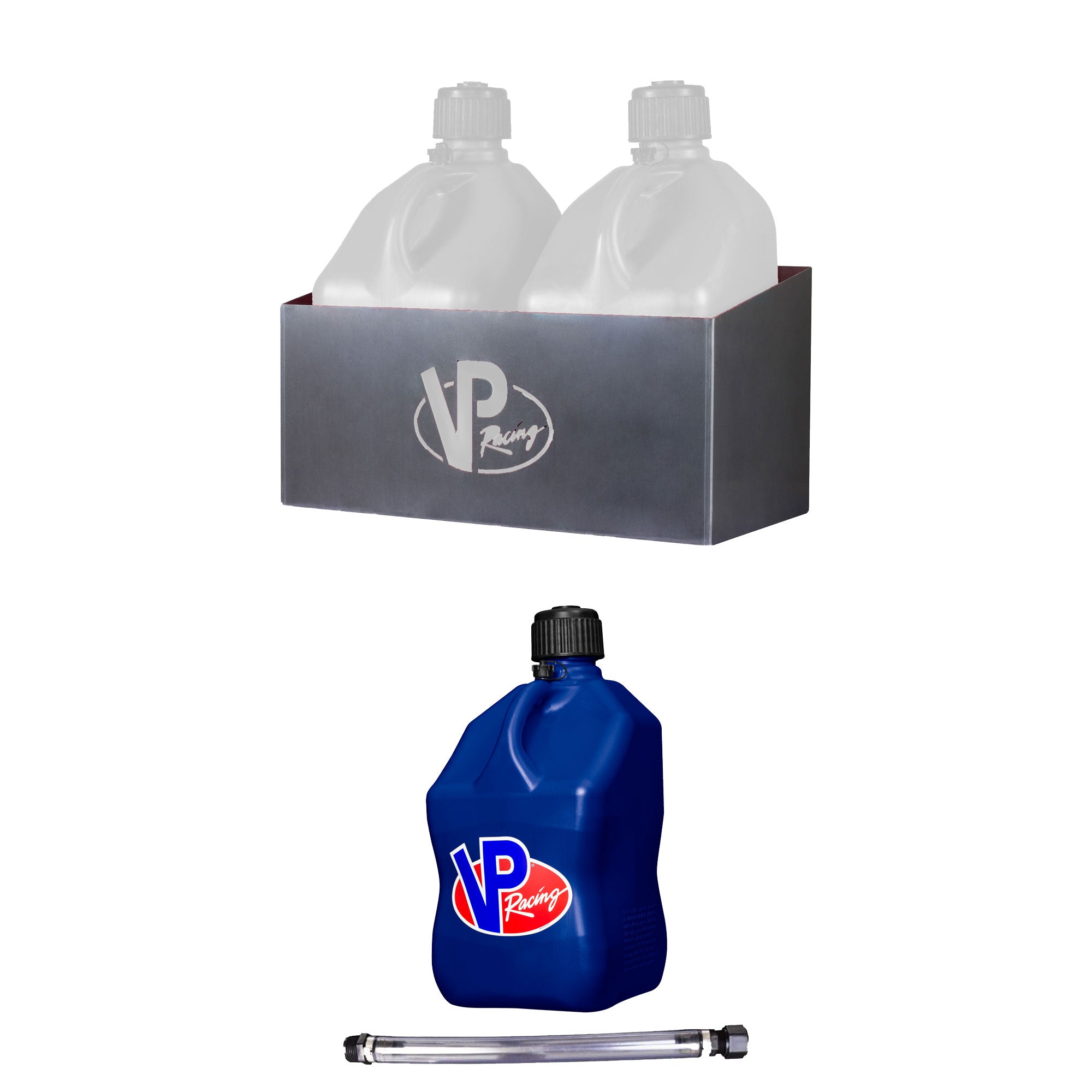 VP Racing Fuels Aluminum 2 Jug Storage Rack w/ 5.5 Gal Motorsport Utility Jug & Hose