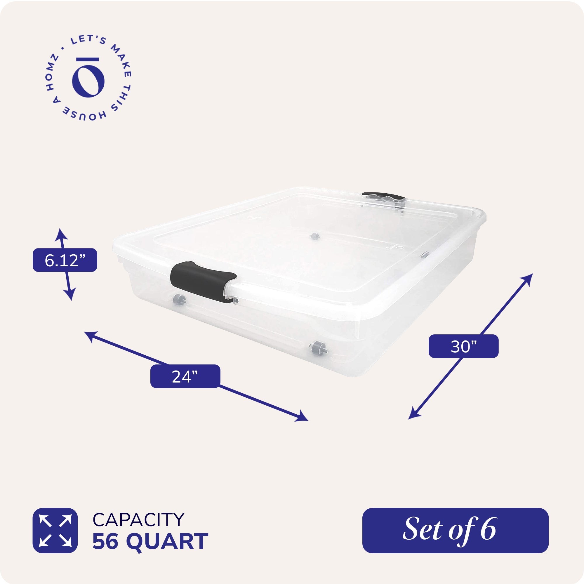 Homz 56 Qt Full/Queen Underbed Clear Plastic Latching Storage Container, 6 Pack